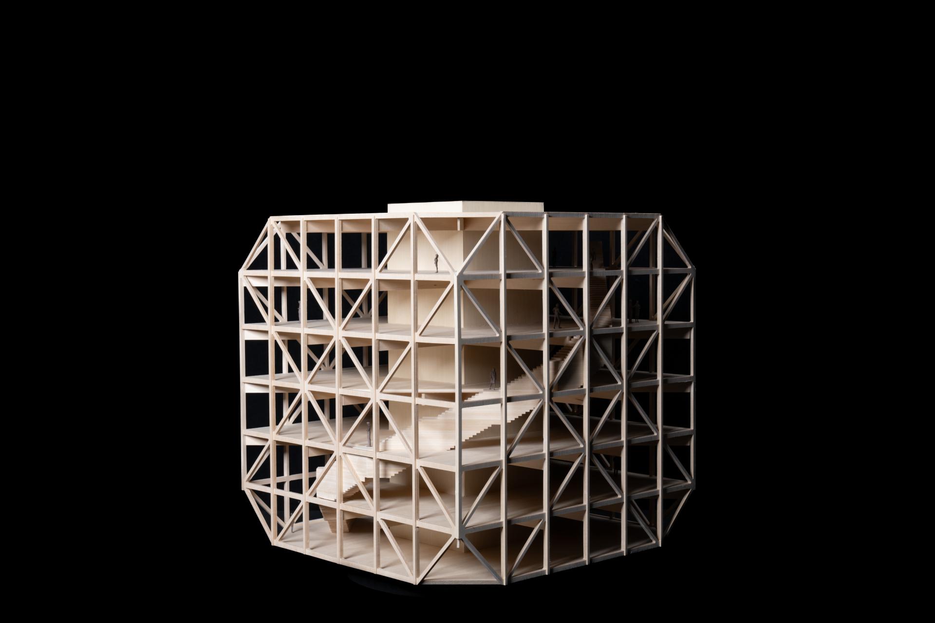 Mass timber architectural model of the Makers' KUbe, designed for collaboration and learning at the University of Kansas.