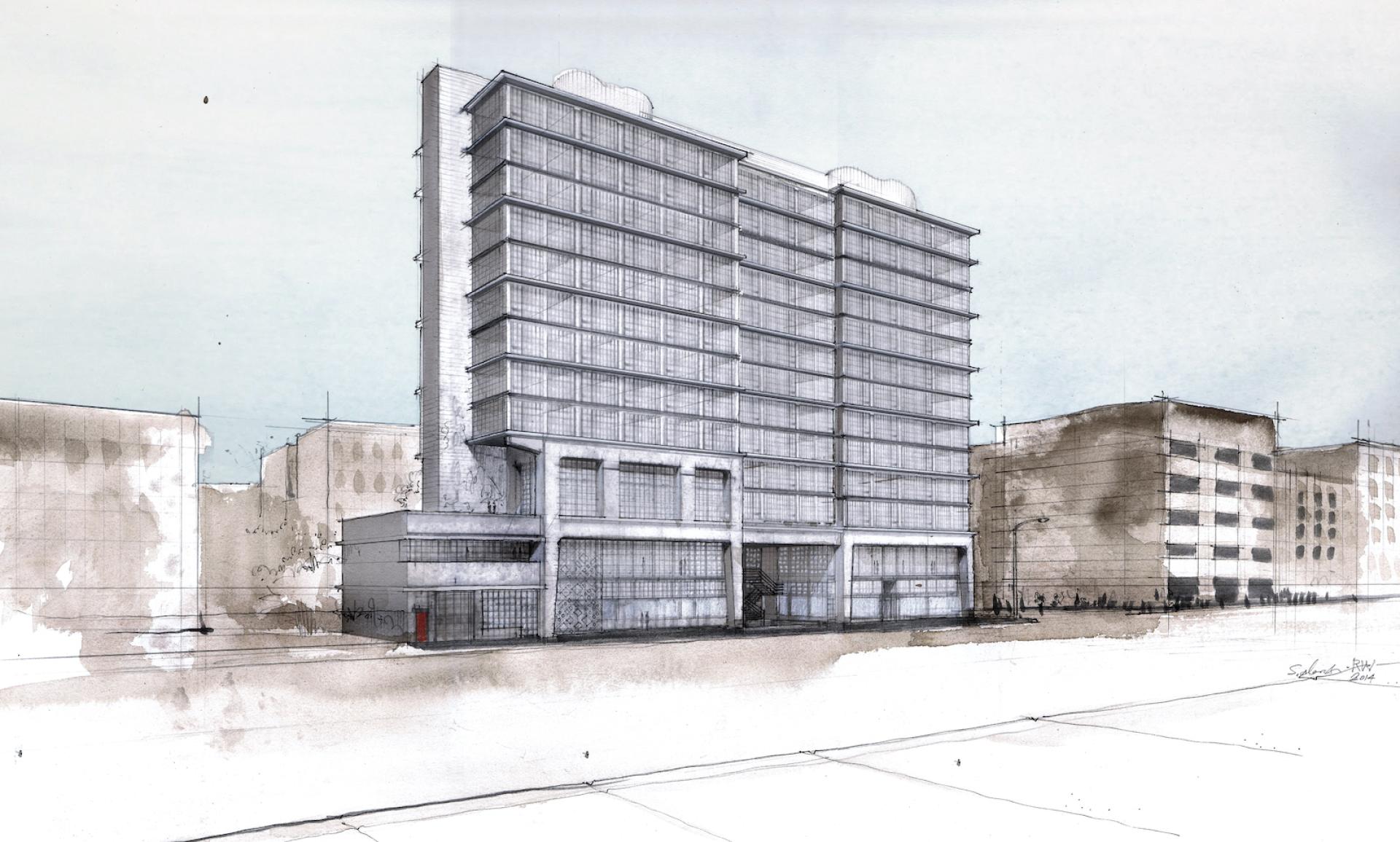 New architectural rendering of Ace Hotel Brooklyn showcasing its modern design amidst the urban landscape of New York City.