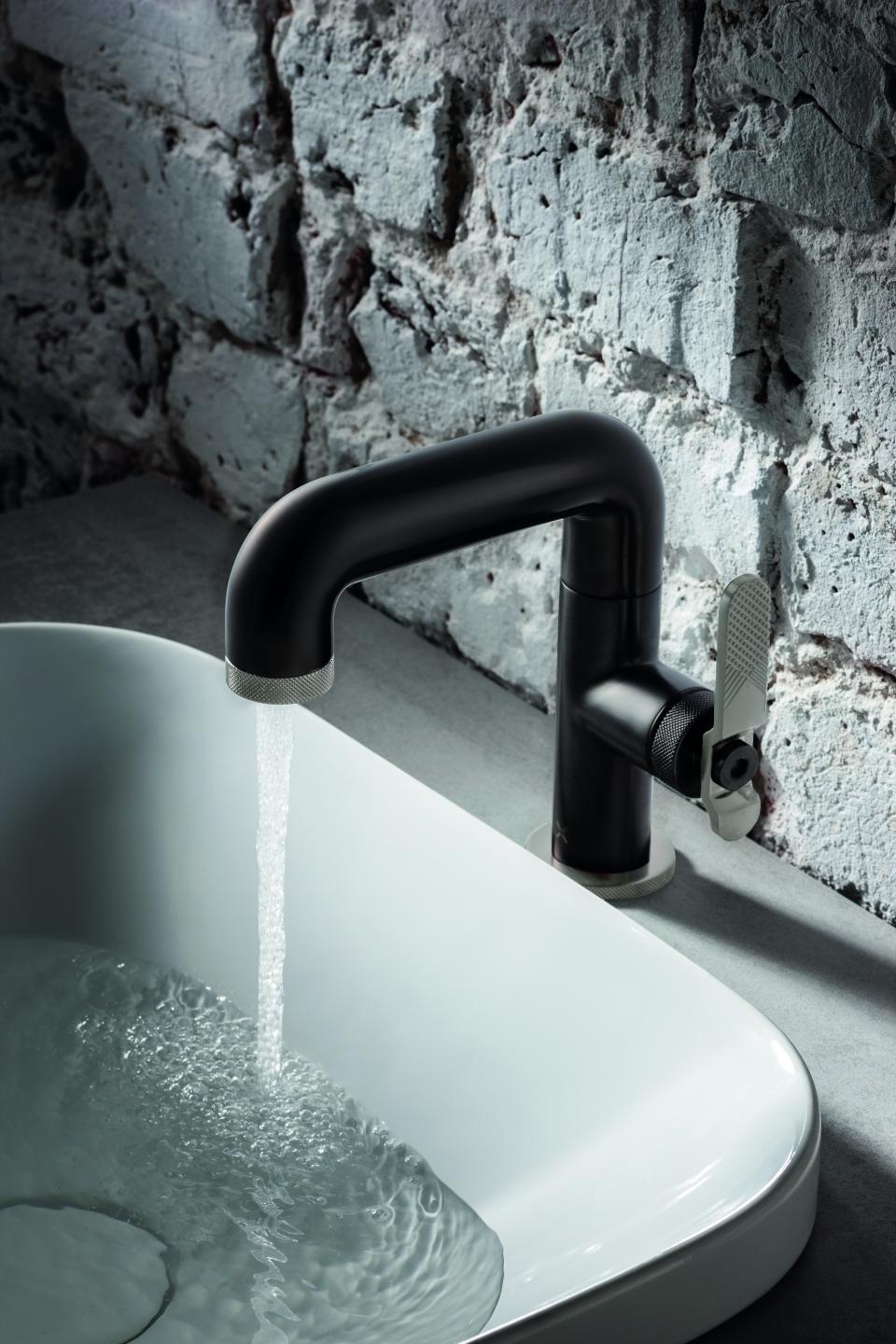 Sleek black brass sink faucet from Crosswater's UNION Mixage collection, showcasing industrial minimalism and contemporary design.