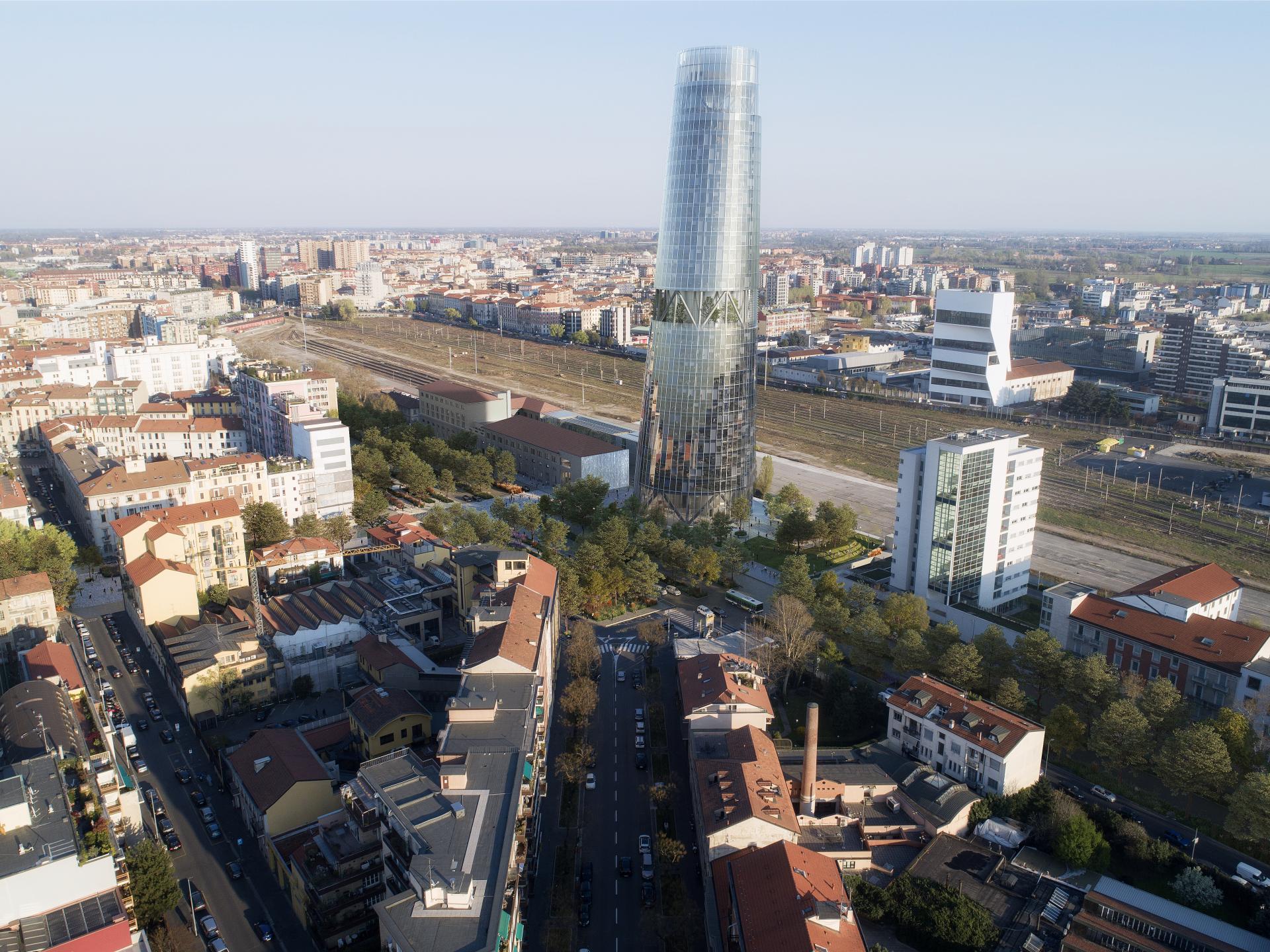 Aerial view of the ACPV 'lighthouse' office tower amidst urban landscape and green spaces in a revitalized area.