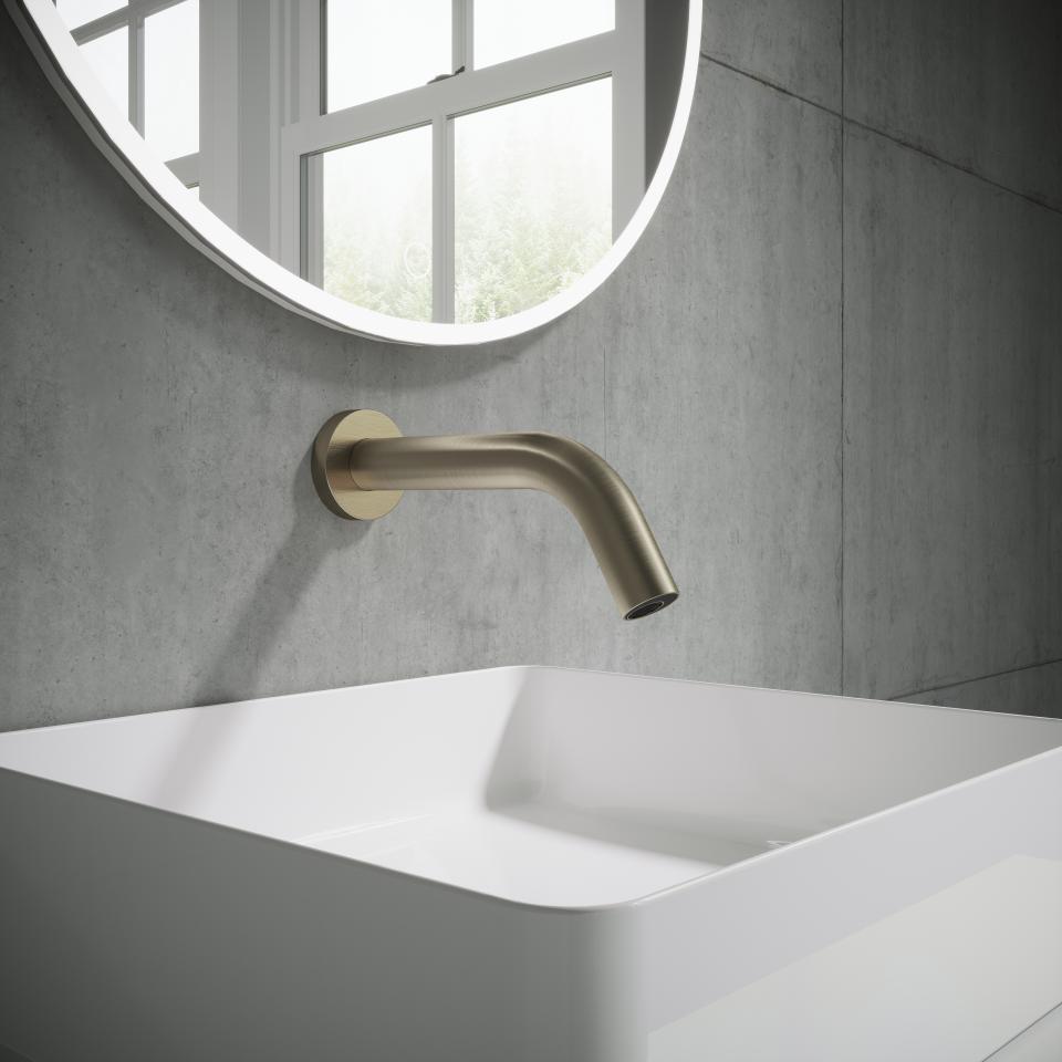 Modern sensor tap in a stylish bathroom setting, showcasing Crosswater's MPRO and Belgravia collection features.