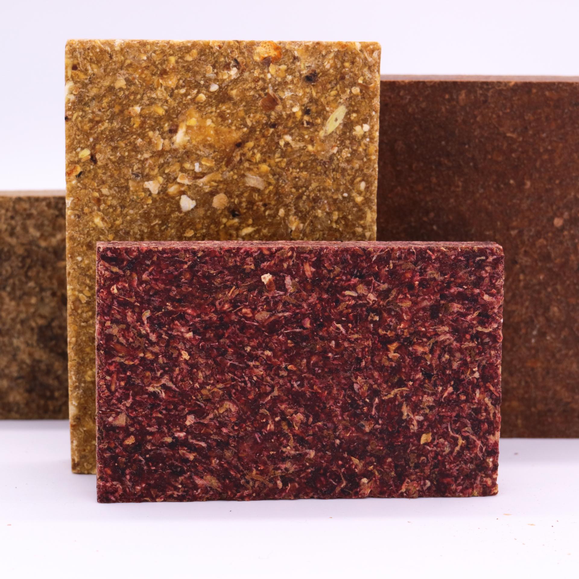 Sustainable material samples from Biohm, showcasing innovative mushroom-based products designed to replace plastic.