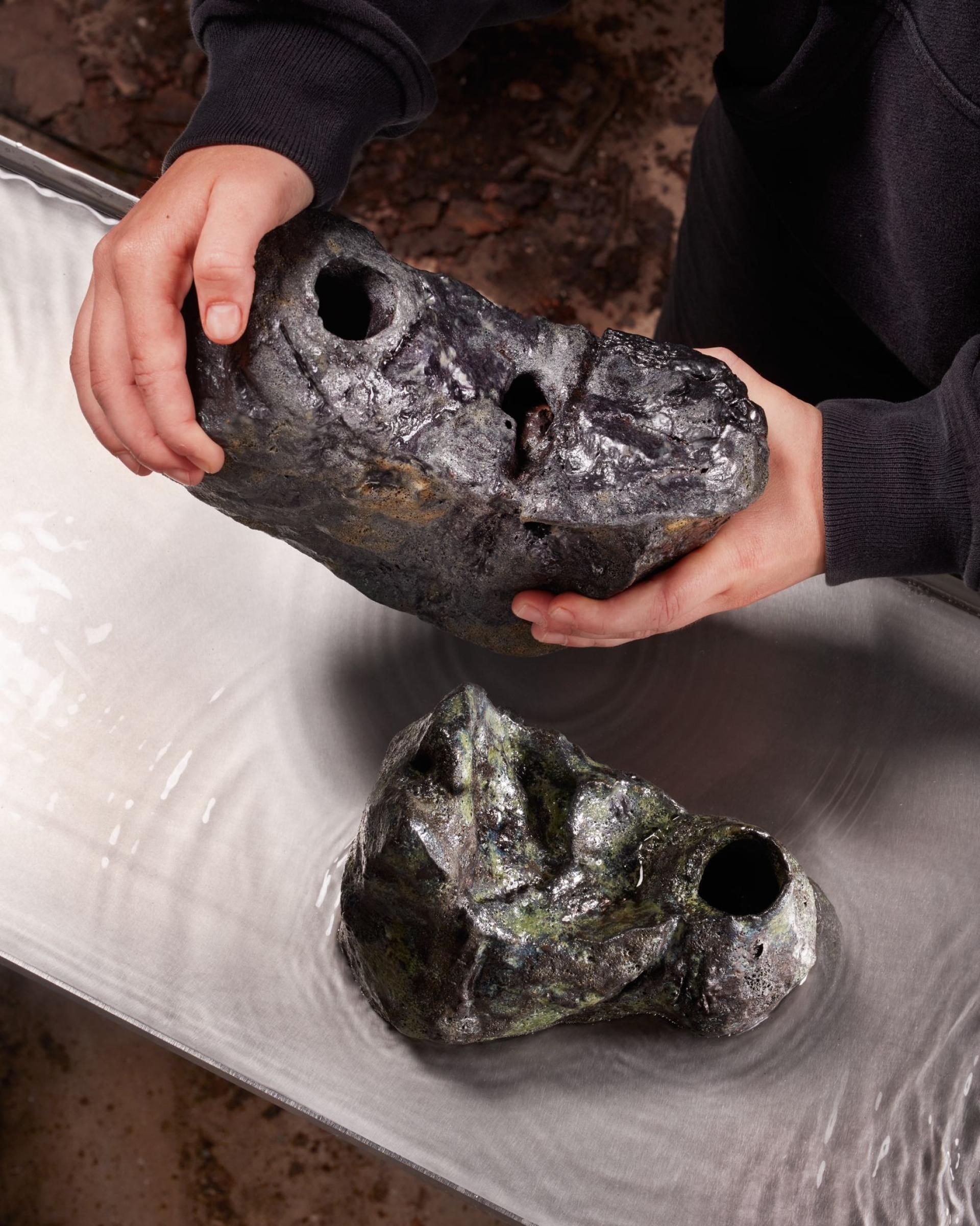 Innovative product designs resembling sculptural stones, showcased by Design Academy Eindhoven alumni at Salone del Mobile 2023.