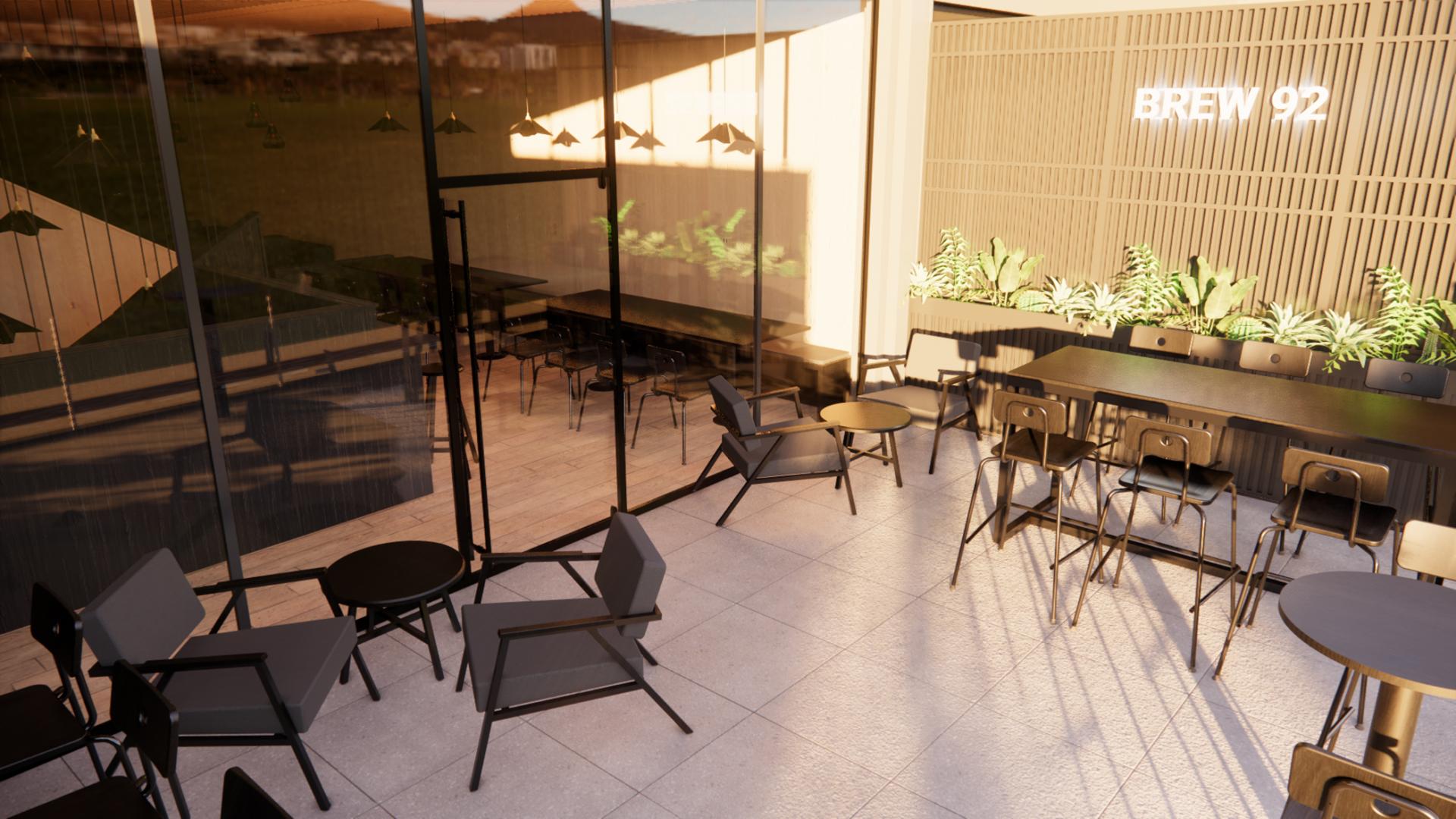 Contemporary outdoor hospitality space featuring stylish seating and greenery, ideal for modern dining experiences.