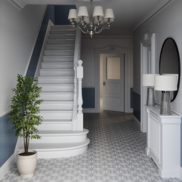 Sophisticated hallway featuring British Ceramic Tile flooring, elegant decor, and a stylish staircase, perfect for home inspiration.