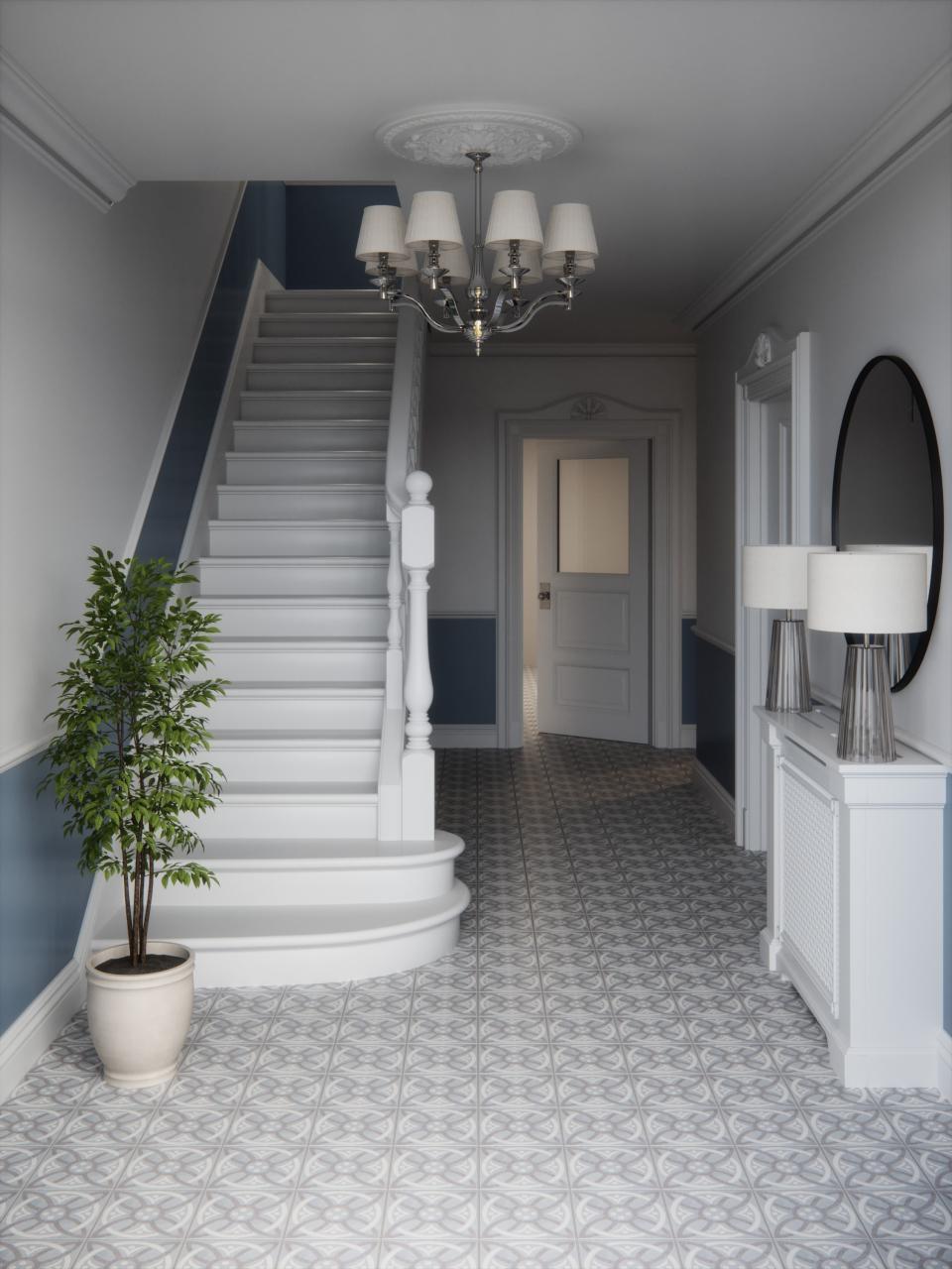 Sophisticated hallway featuring British Ceramic Tile flooring, elegant decor, and a stylish staircase, perfect for home inspiration.