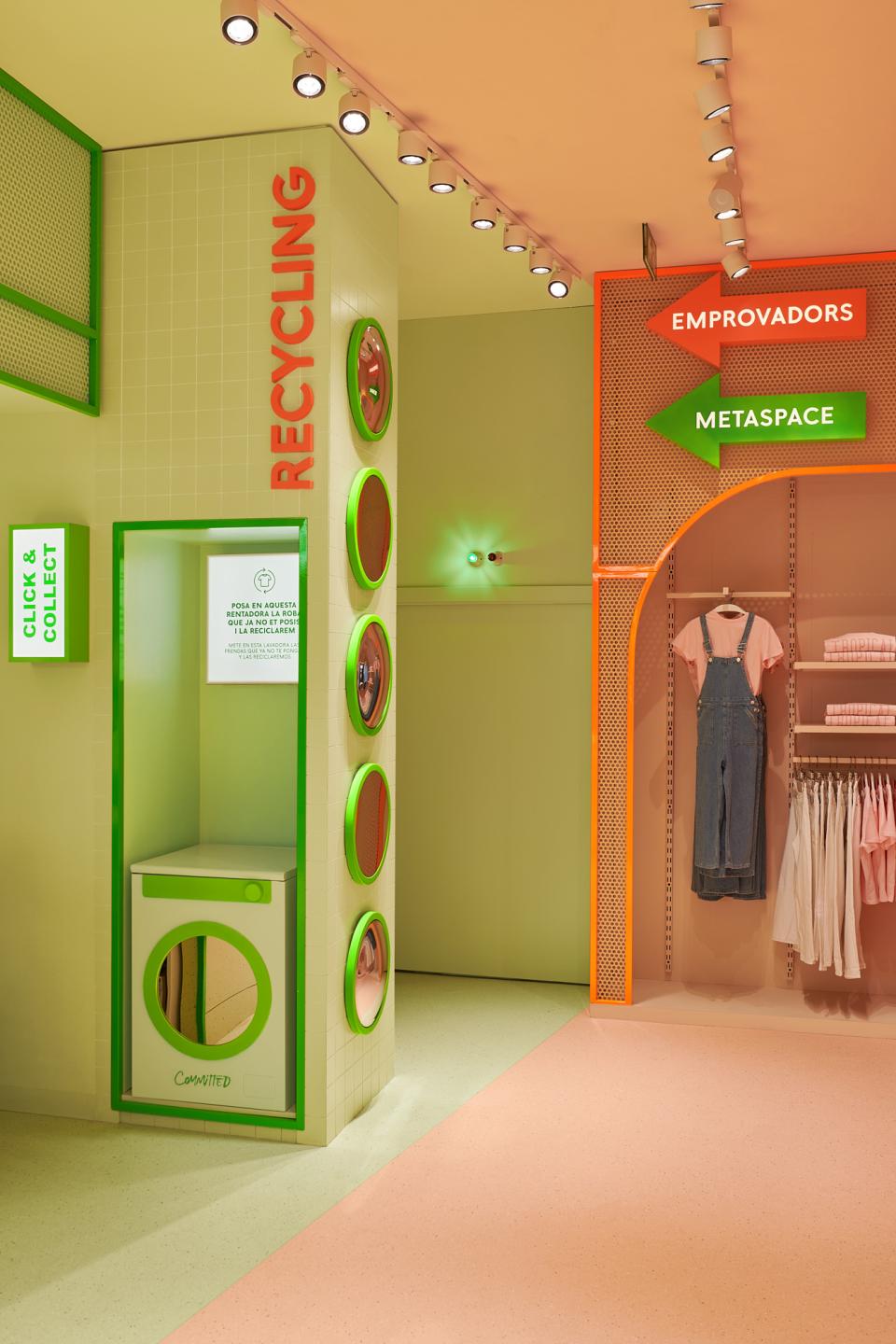 Bright citrus-themed interior of the Mango Teen store in Barcelona, featuring recycling and collection signage.