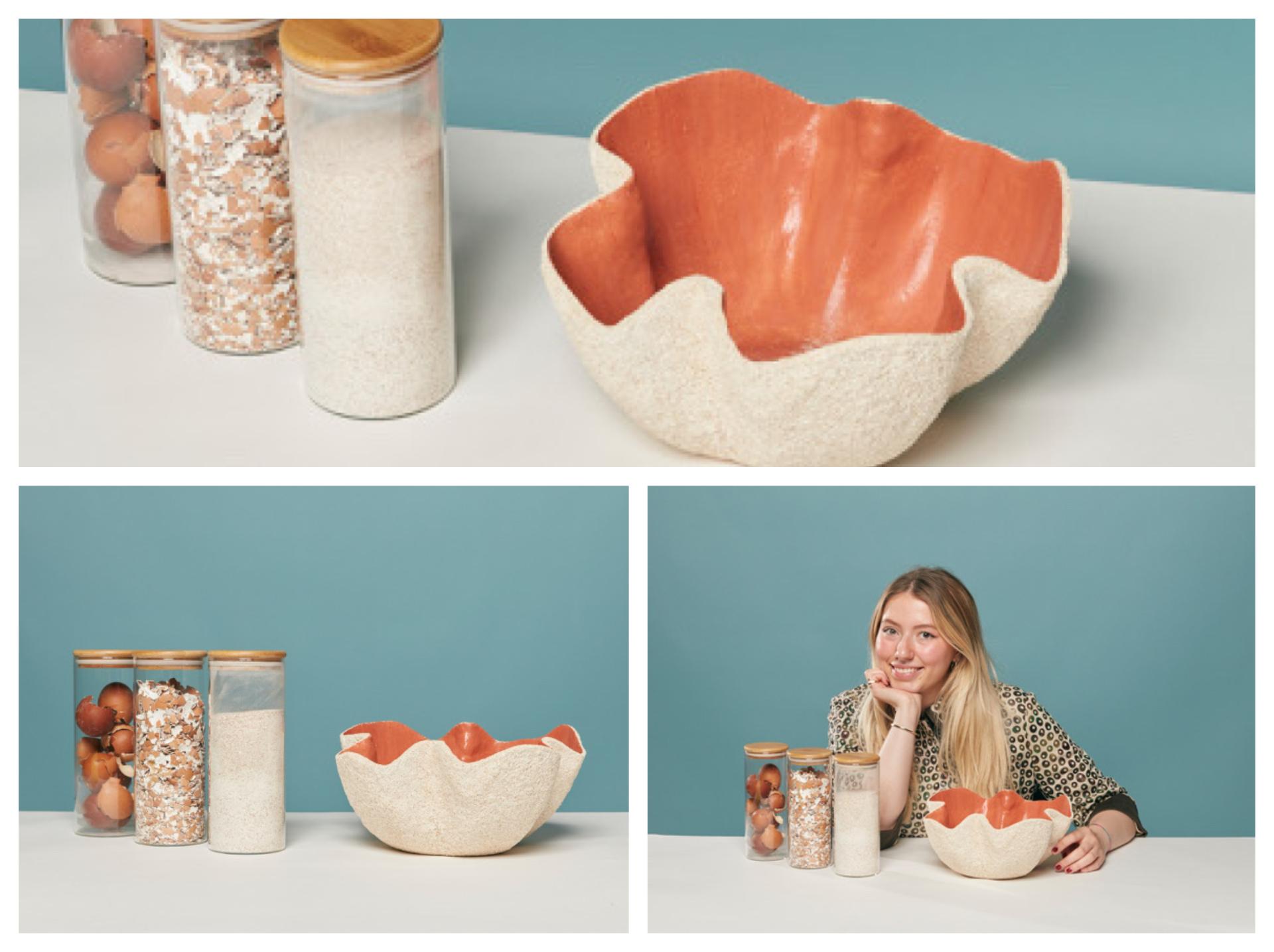 A woman poses with a handmade ceramic bowl and glass containers showcasing unique natural materials at New Designers 2024.
