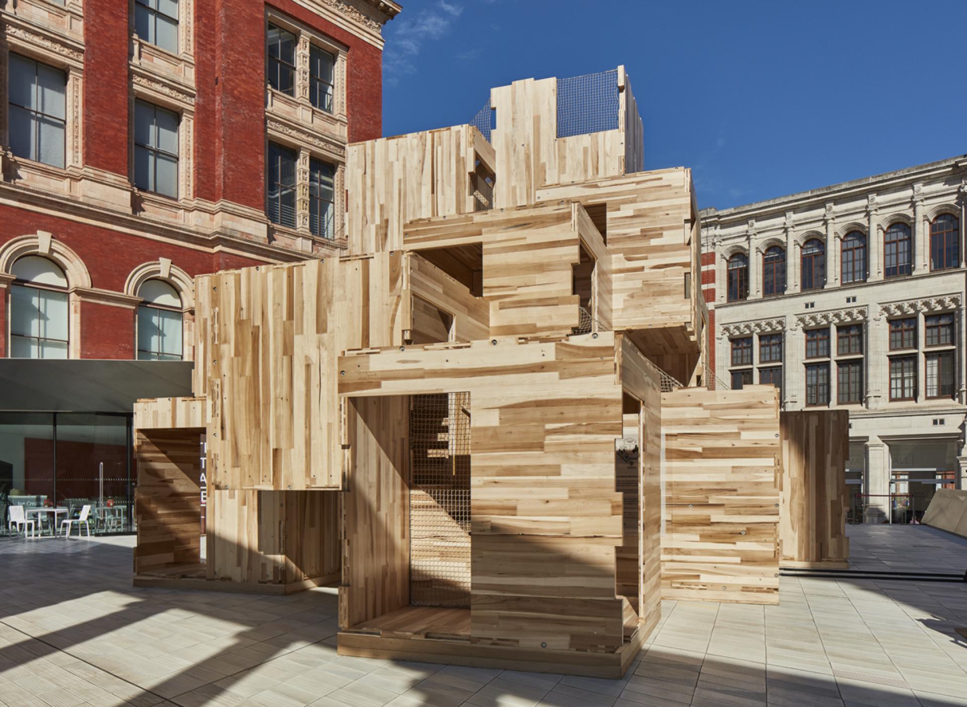 Carbon-neutral MultiPly pavilion made from American tulipwood, designed to address modern housing challenges and sustainability.