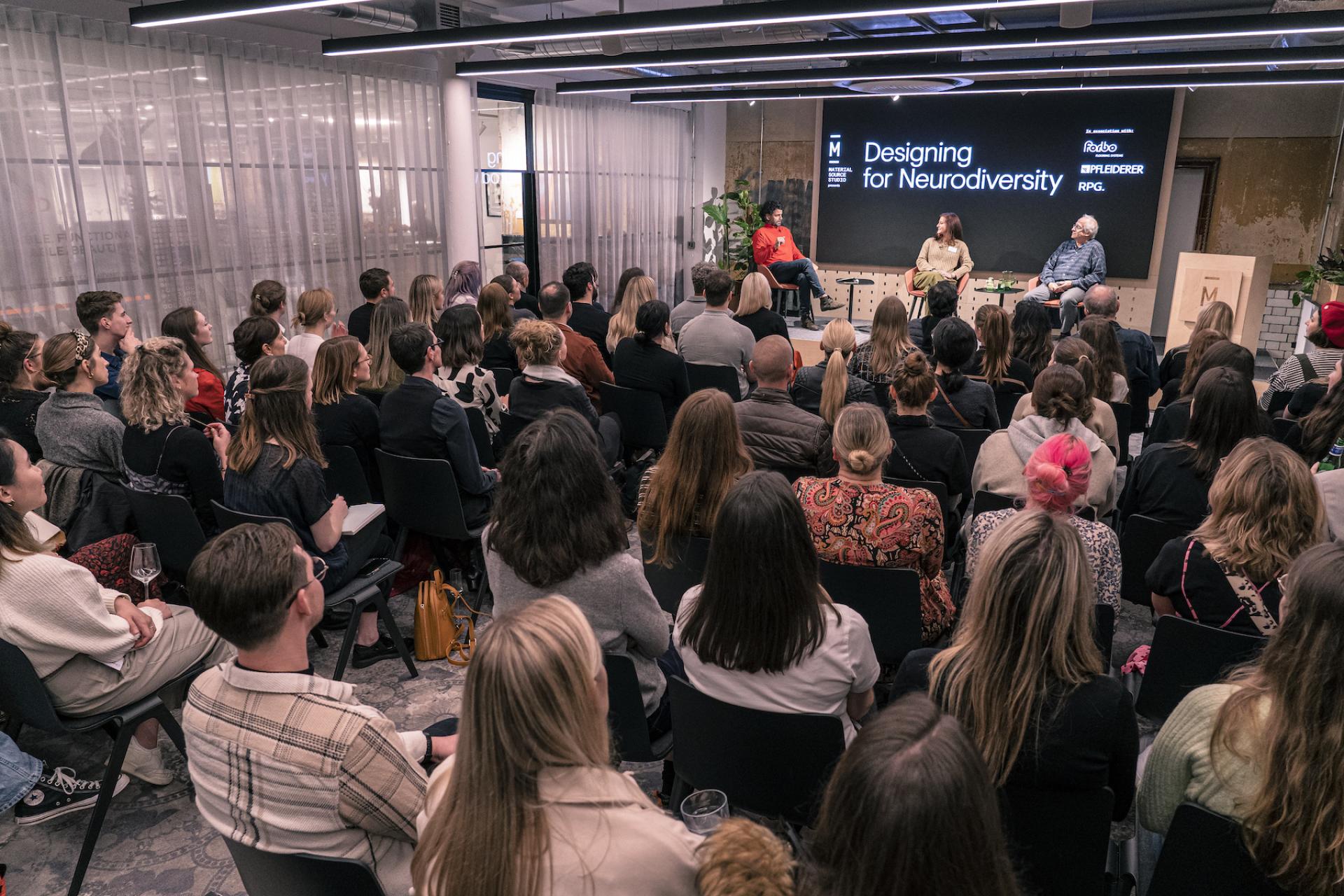 Engaged audience attending a design event focused on neurodiversity at Material Source Studio Glasgow.