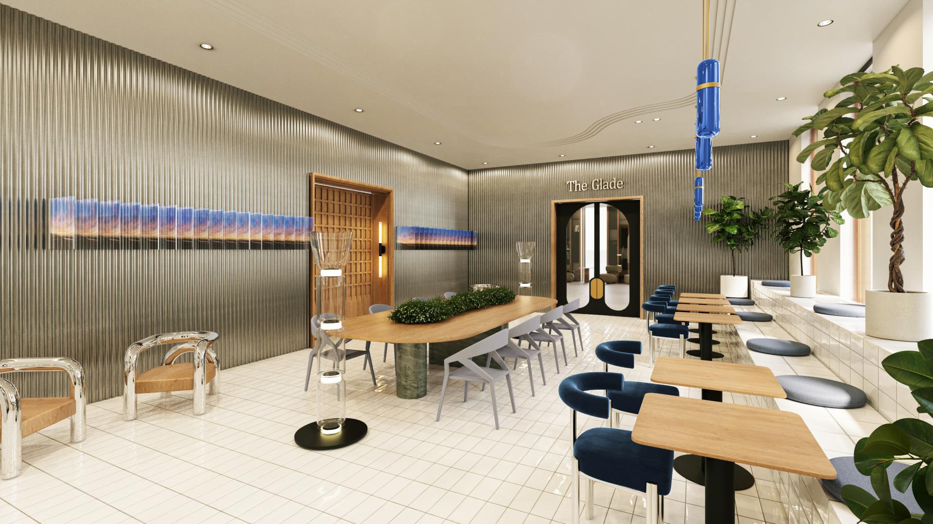 Modern interior design of The Glade features sleek furniture, greenery, and vibrant art in a welcoming space.