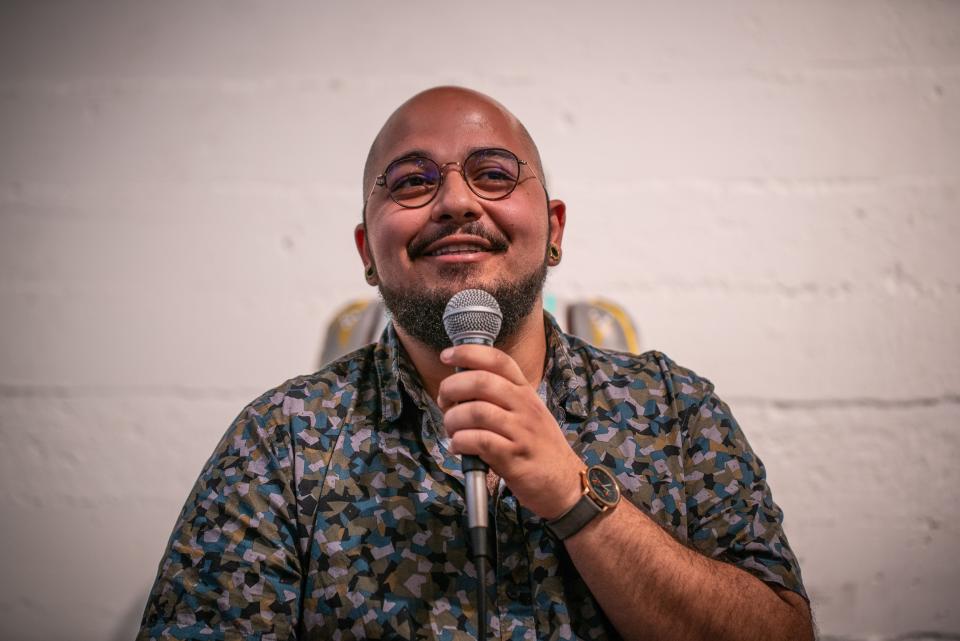 Ehab Sayed speaking about sustainable materials and innovative solutions for plastic waste in a casual setting.