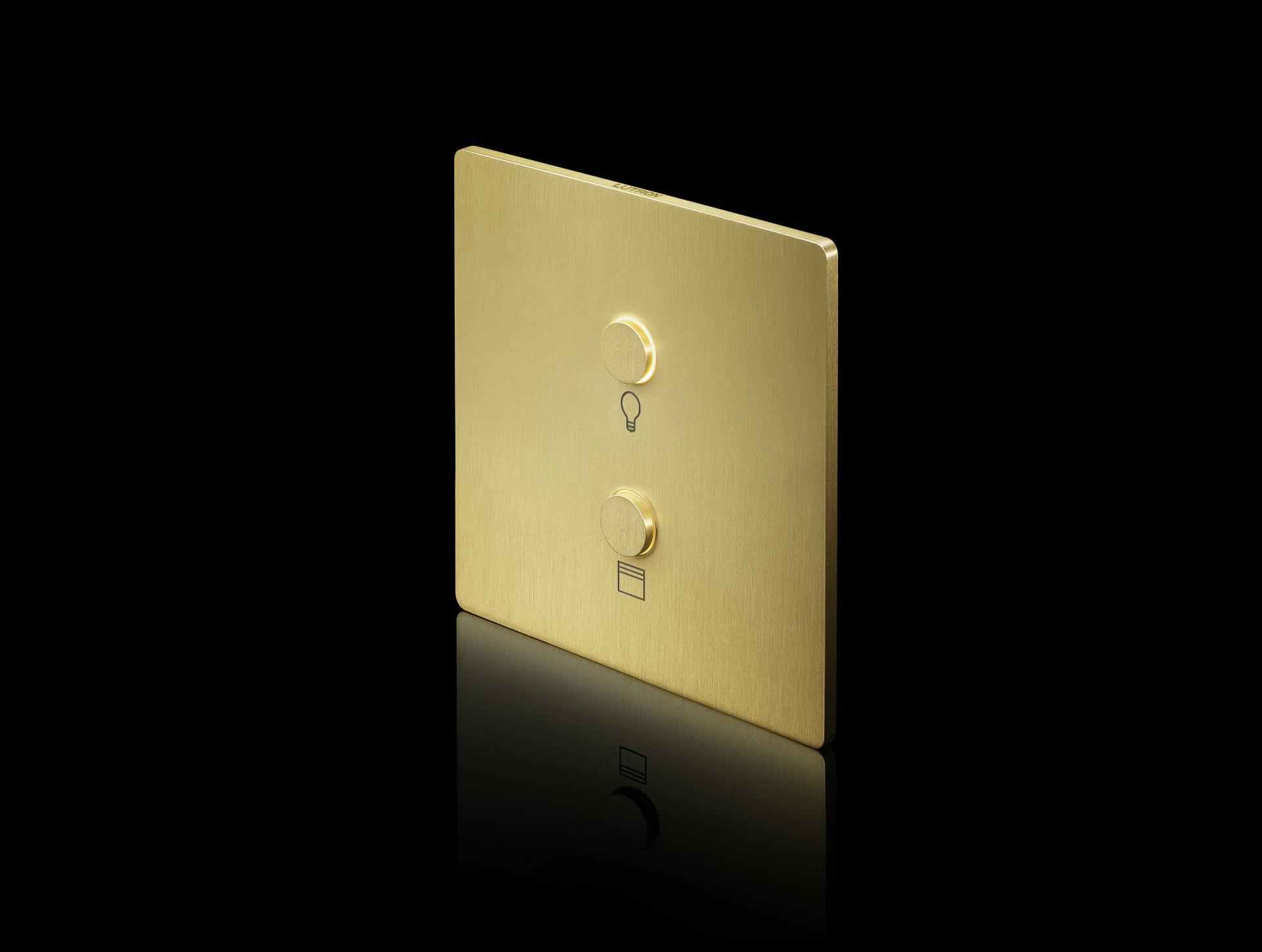 Lutron Alisse wall control featuring a sleek brass design for lighting adjustments in smart home systems.