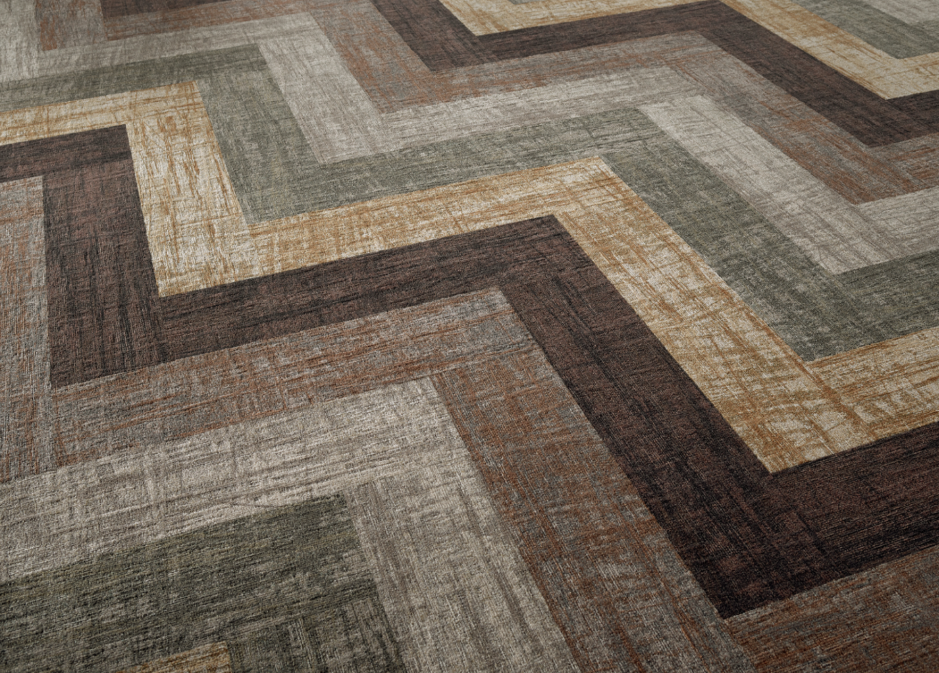 Sustainable carpet design from Ege Carpets' Mark of Time Ecotrust collection featuring earthy tones and geometric patterns.