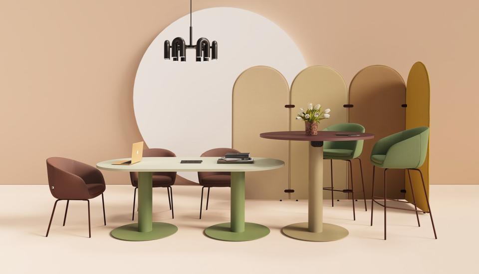 Modern seating and tables from sixteen3's Betto range, featuring stylish designs and earthy colors, in a contemporary setting.