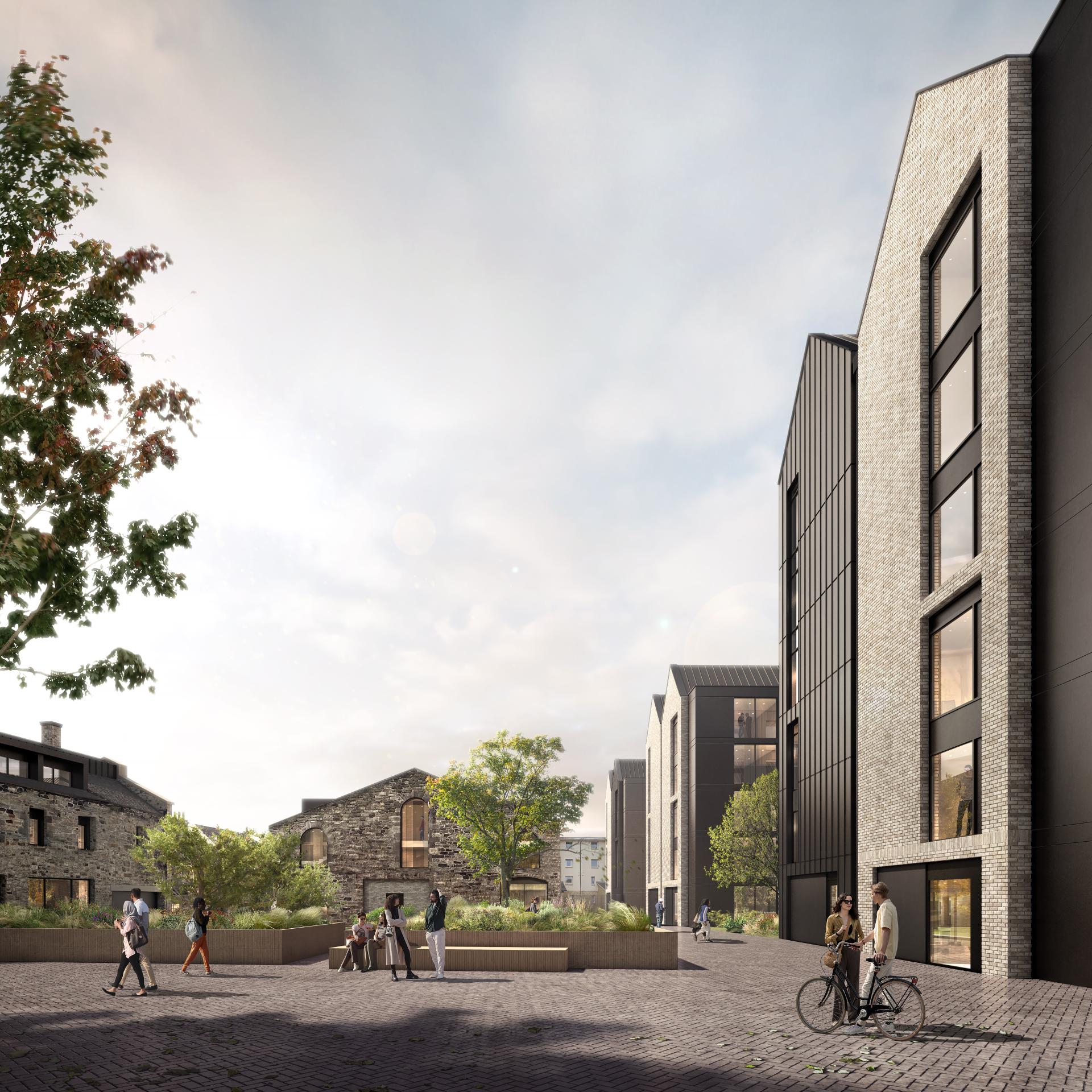 Modern residential development in Scotland featuring diverse people, landscaping, and architecture celebrating 70 years of MLA practice.