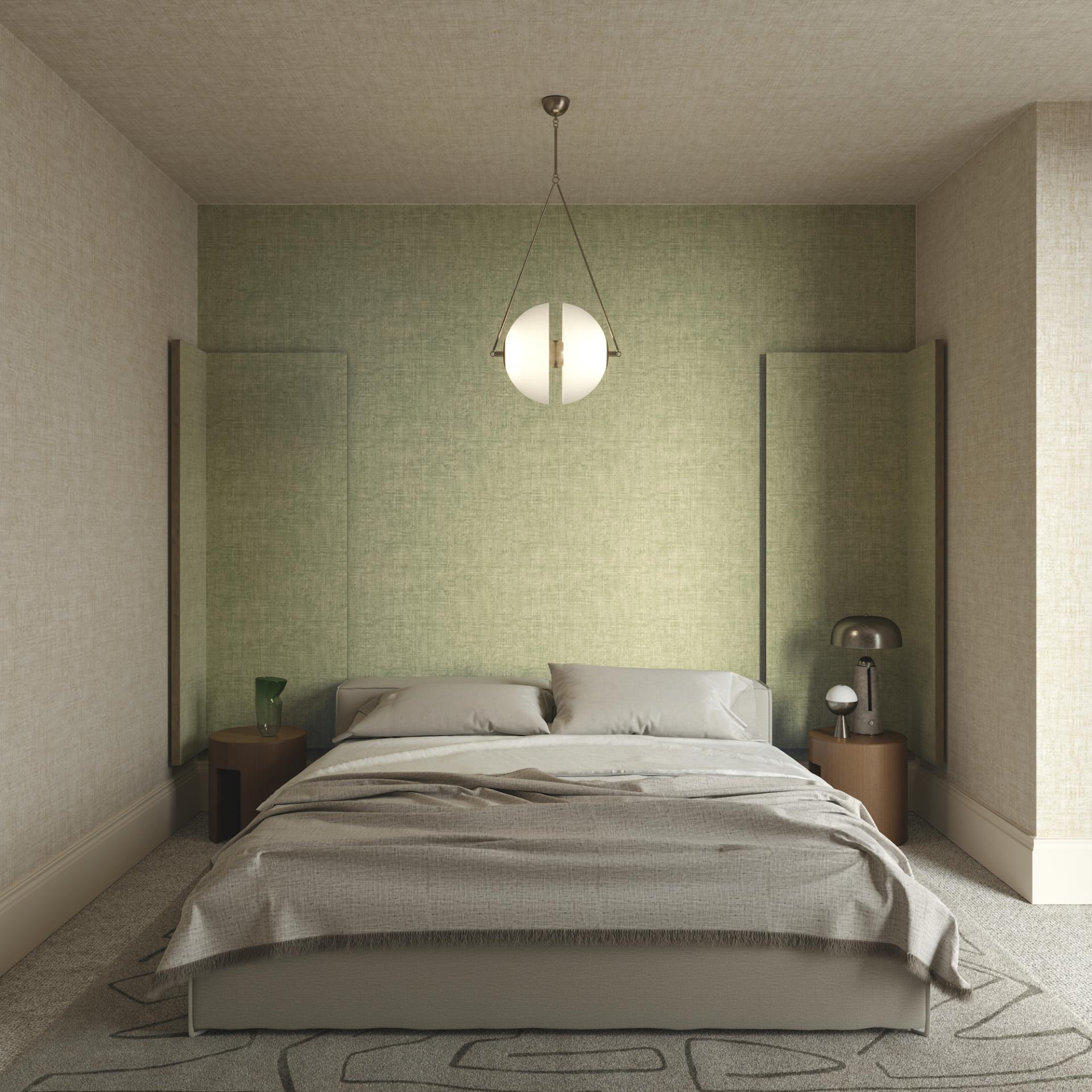 Stylish bedroom showcasing Arte's autumnal wallcovering in textured green and neutral tones, complemented by contemporary decor.