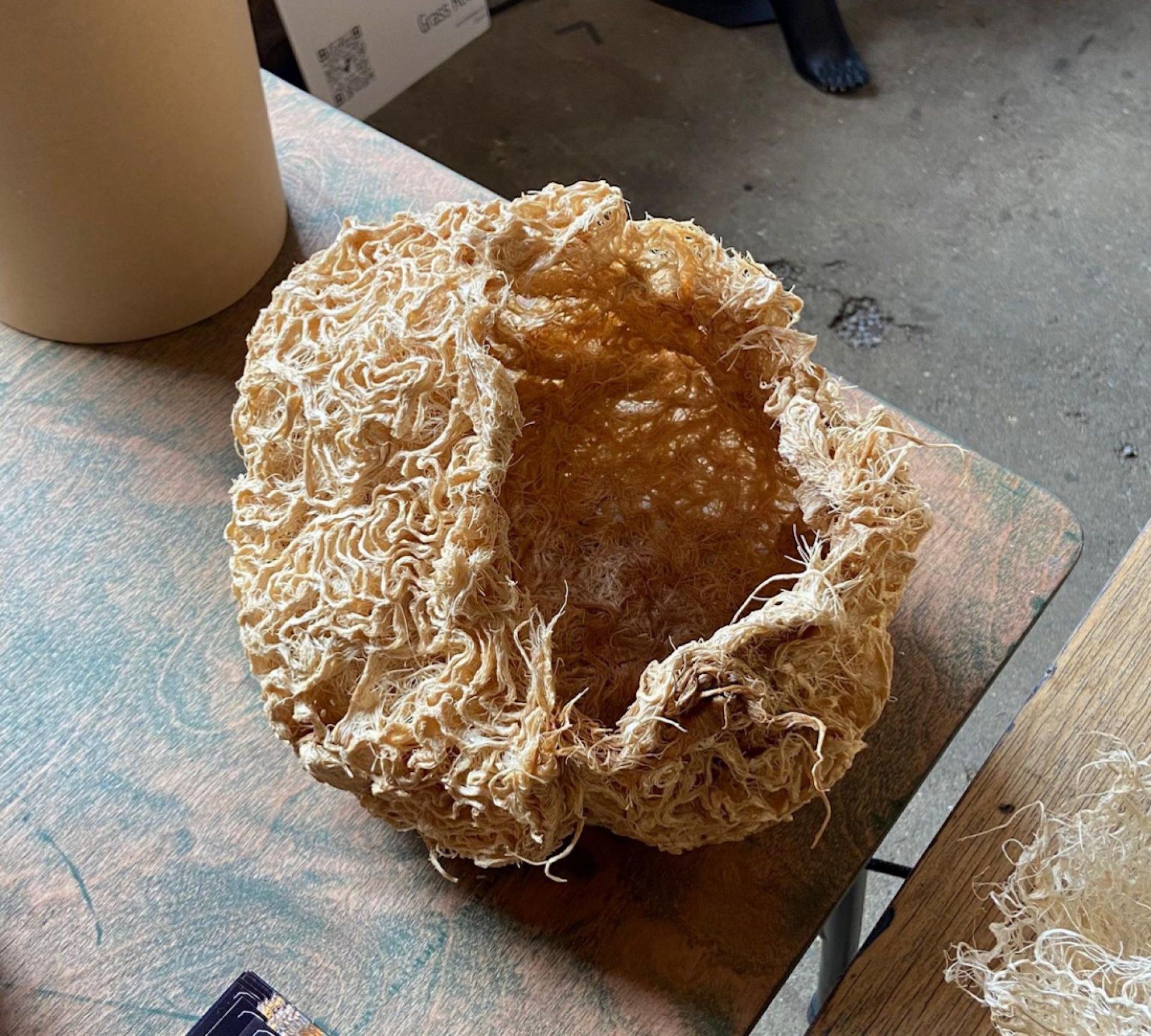 Natural biodegradable basket made from sustainable materials, highlighting innovative design in biomaterials at LDF22.