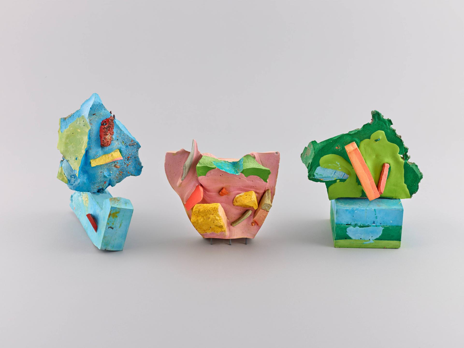 Colorful abstract sculptures made from various materials, showcasing the innovative craftsmanship featured in Made in the Middle.