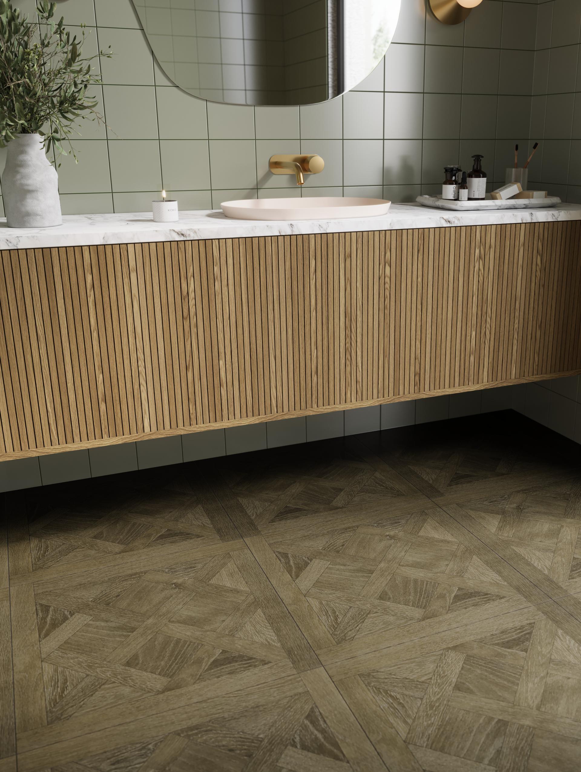 Stylish bathroom featuring Parkside's textured tiles, wooden cabinetry, and elegant accessories for modern design aesthetics.