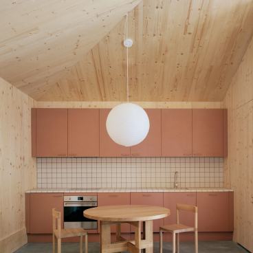 Modern kitchen featuring cross-laminated timber and brick elements, highlighting sustainable design in Tree Courtyard House.