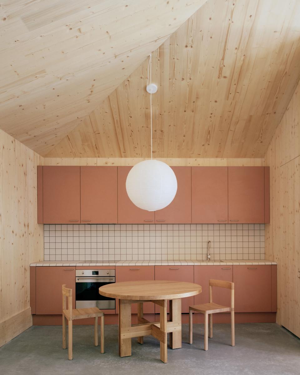 Modern kitchen featuring cross-laminated timber and brick elements, highlighting sustainable design in Tree Courtyard House.