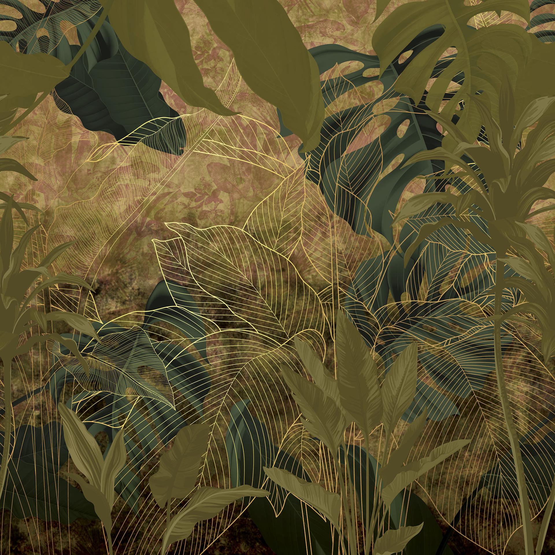 Lush green foliage intricately intertwined, showcasing a blend of botanical elements and artistic design for Muraspec's decorative themes.