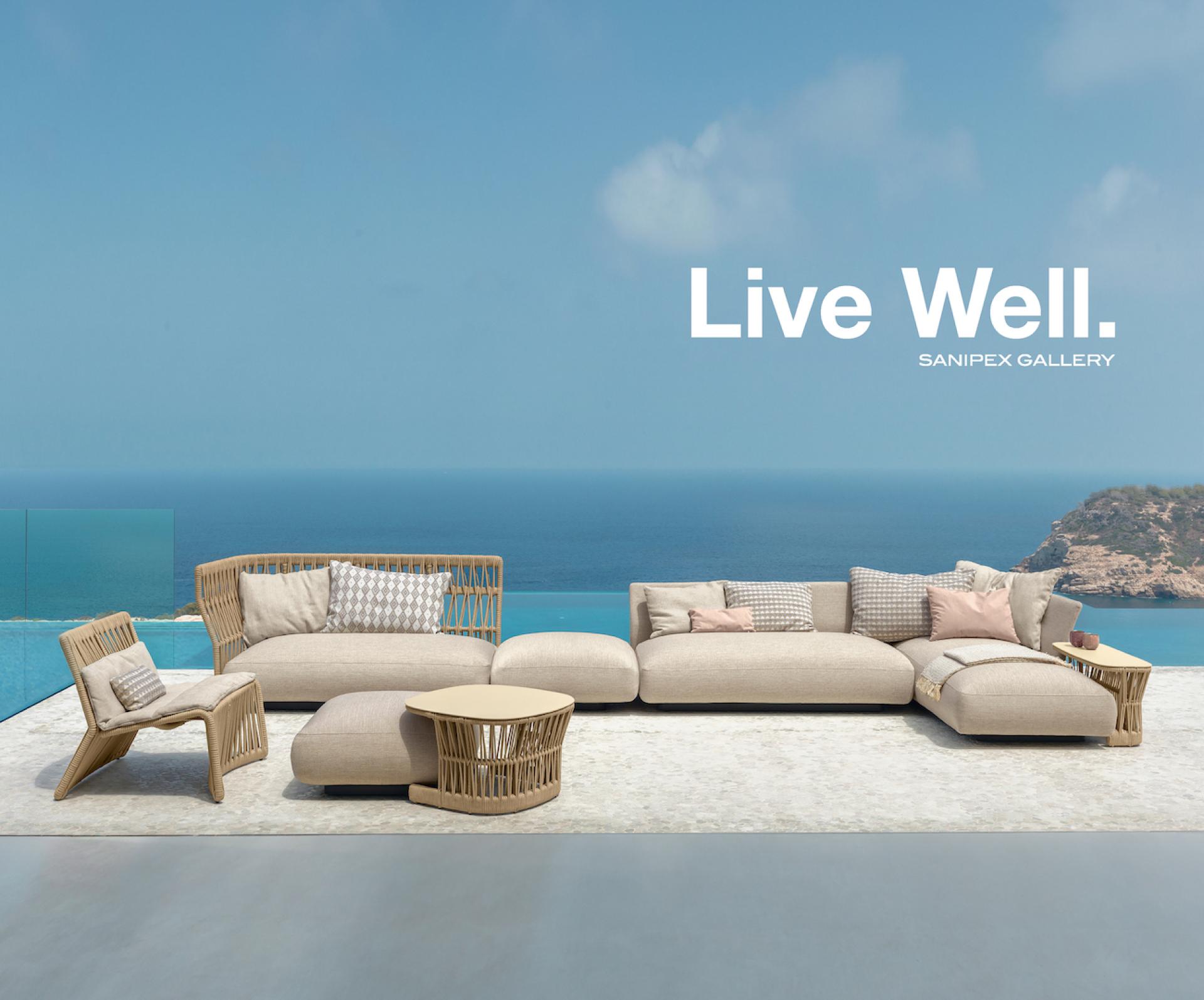 Stylish outdoor lounge furniture with ocean view at Sanipex Gallery, showcasing modern design for UAE living.