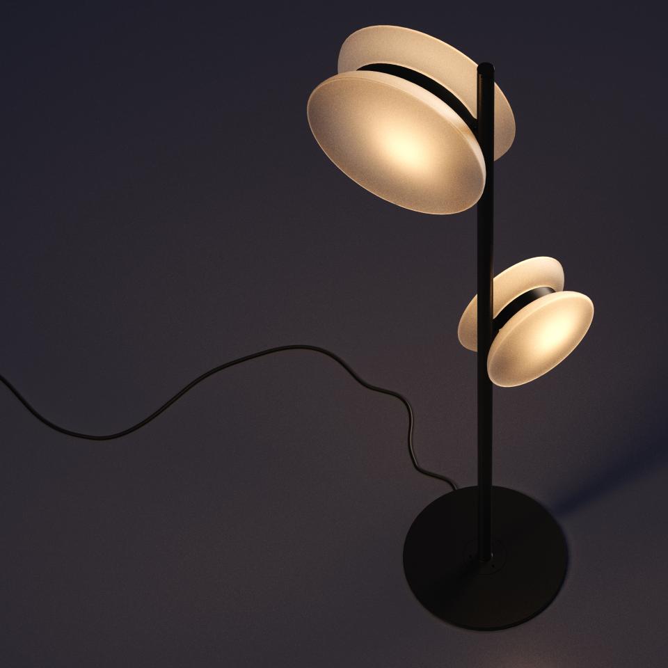 Elegant modern floor lamp with layered circular shades, showcasing Fabbian's innovative lighting design at Supersalone 2021.