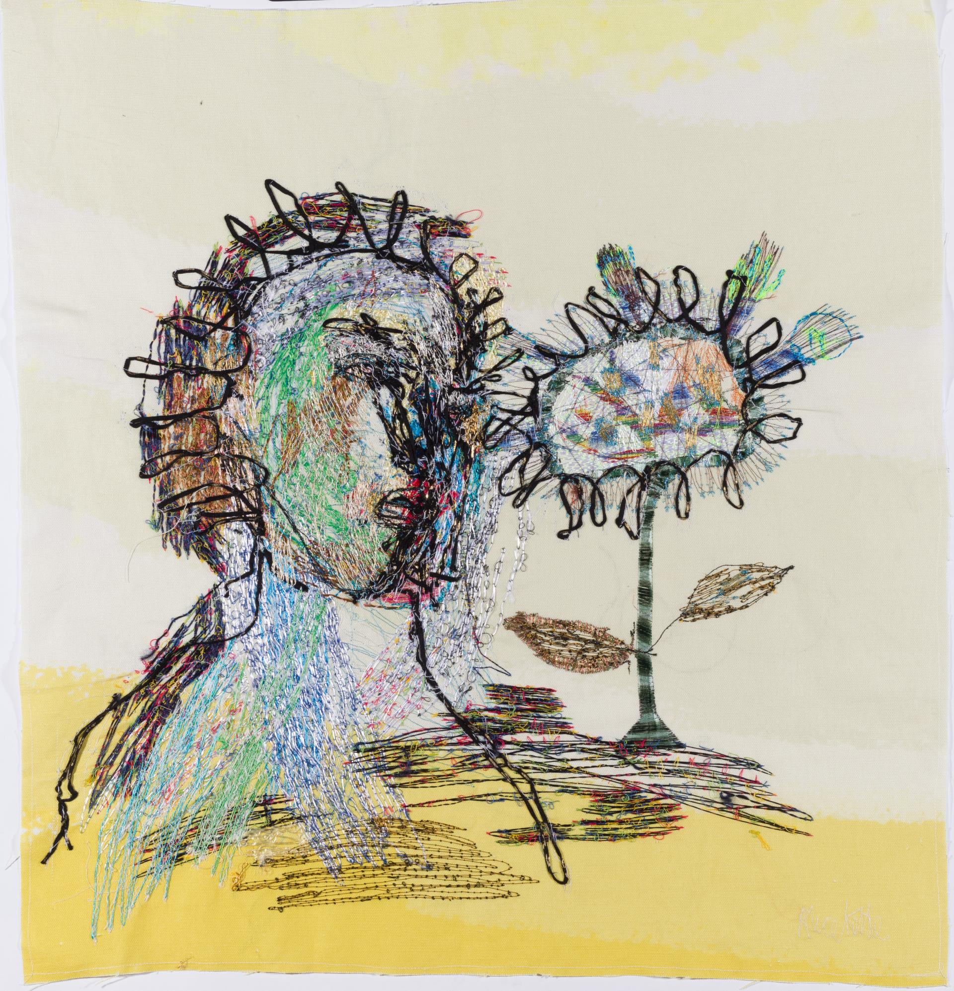 Colorful textile art featuring a stylized portrait and flower, showcasing the innovative stitching by Manchester artist Alice Kettle.