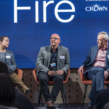 Panel discussion at Material Source Studio seminar, exploring themes of fire in design and materials.