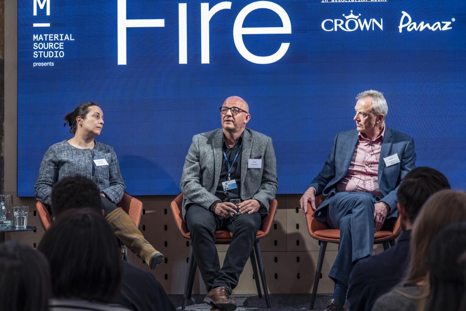 Panel discussion at Material Source Studio seminar, exploring themes of fire in design and materials.