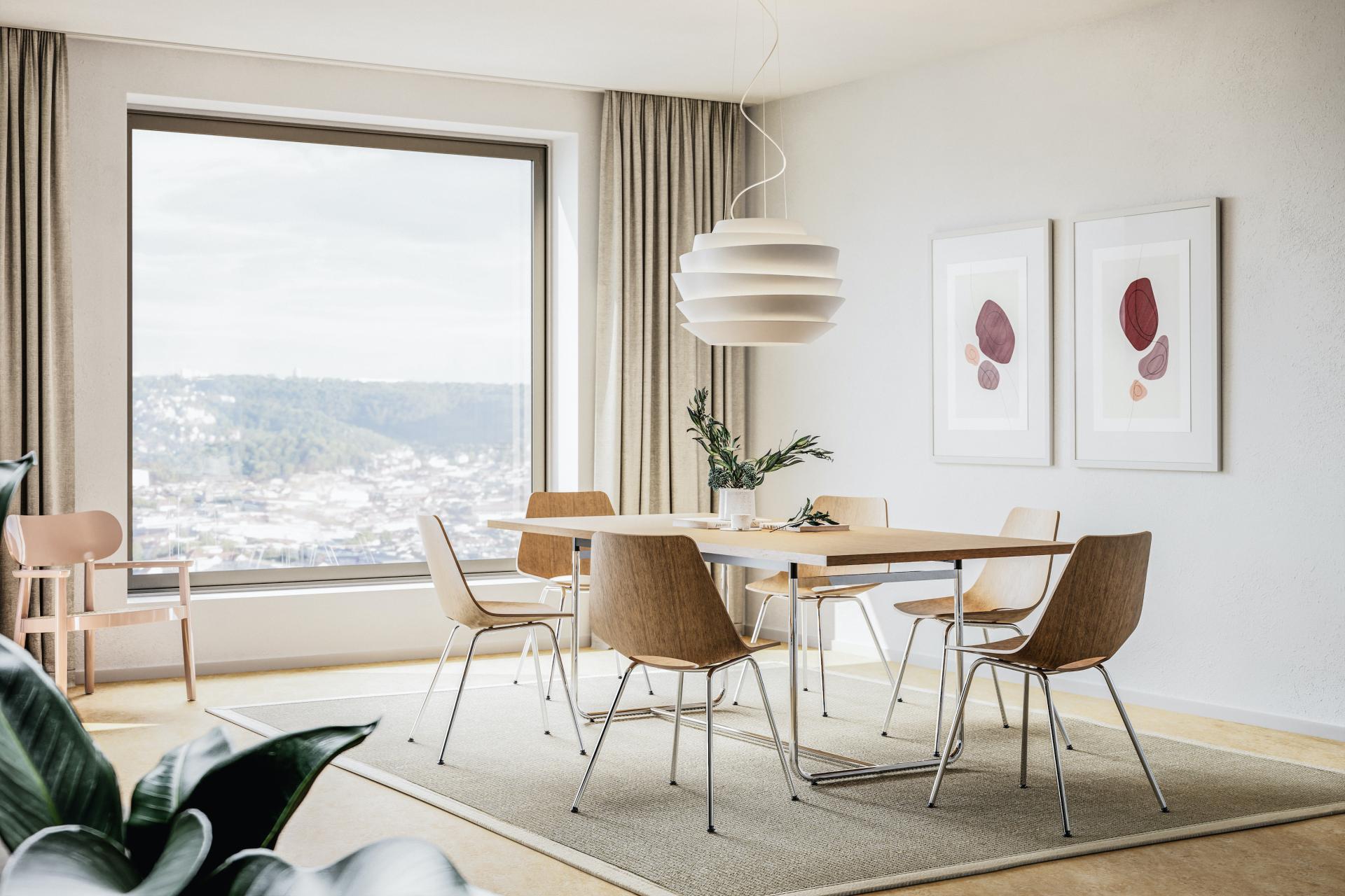 Modern dining room featuring Triennale S 661 chairs, a stylish wooden table, and contemporary art on the walls.