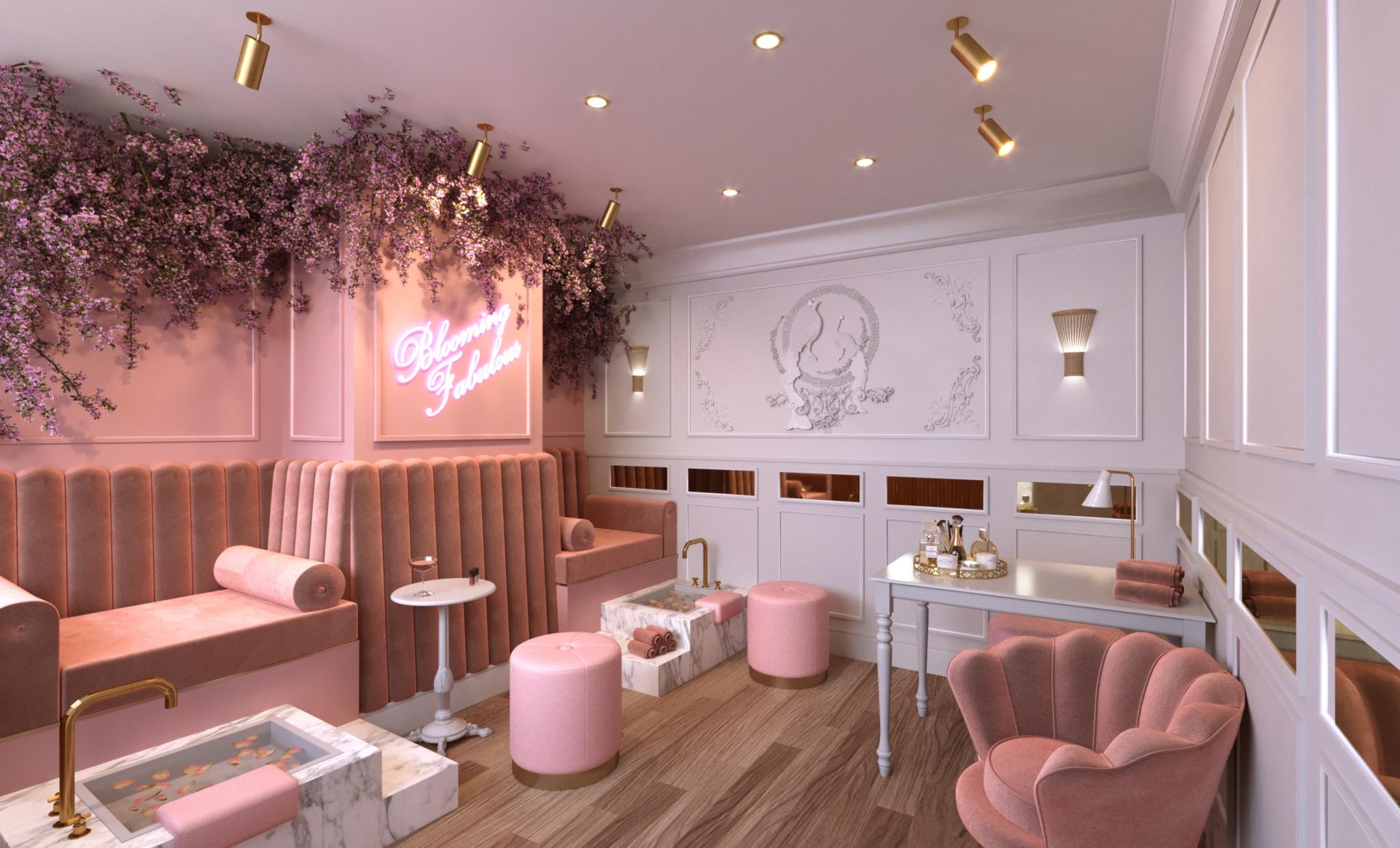 Luxurious pink interior design featuring plush seating and floral decor in WILDES Chester hotel space by SpaceInvader.