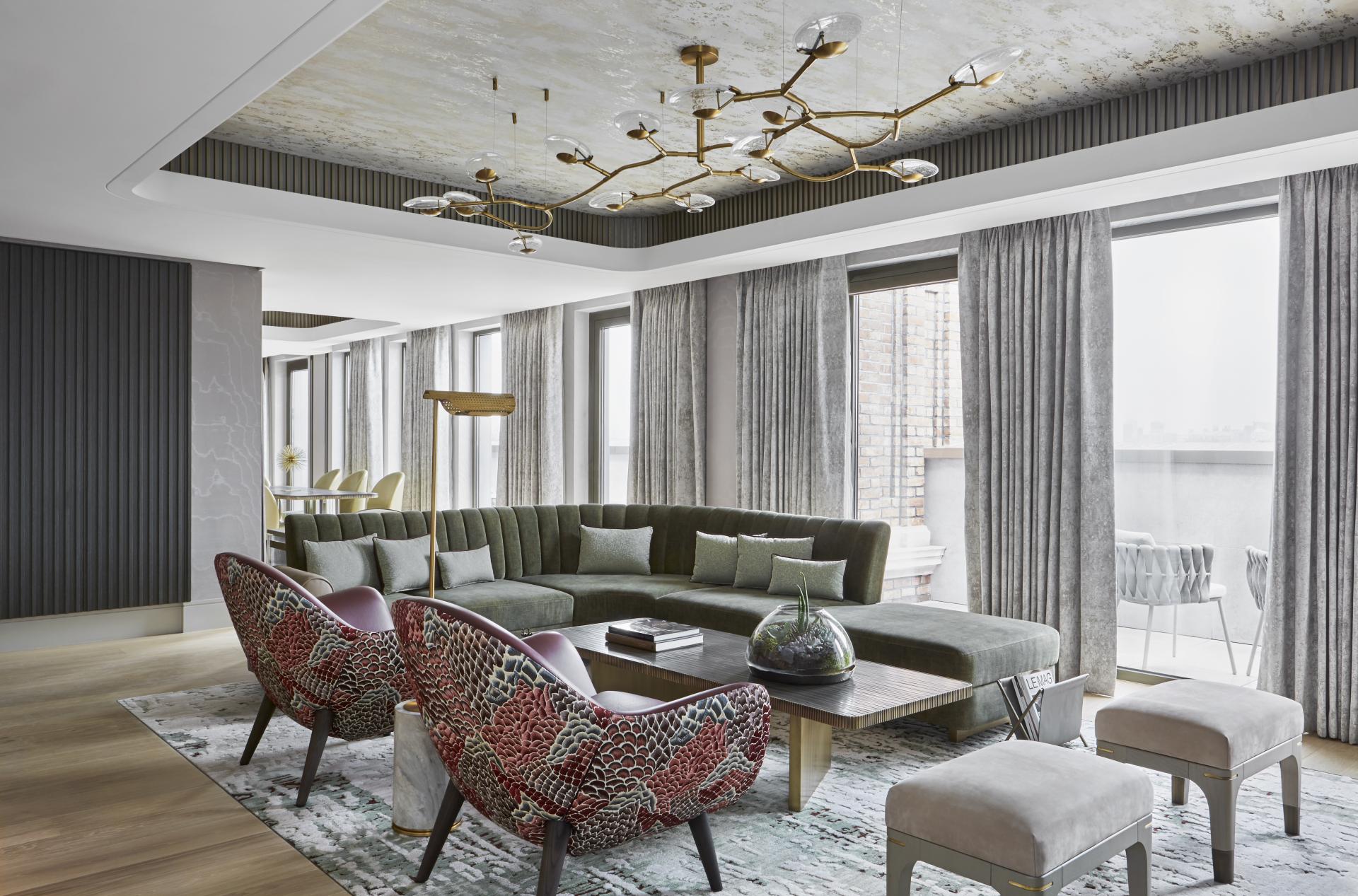 Luxuriously designed penthouse living area at Mandarin Oriental London, featuring elegant furnishings and contemporary decor by Joyce Wang Studio.