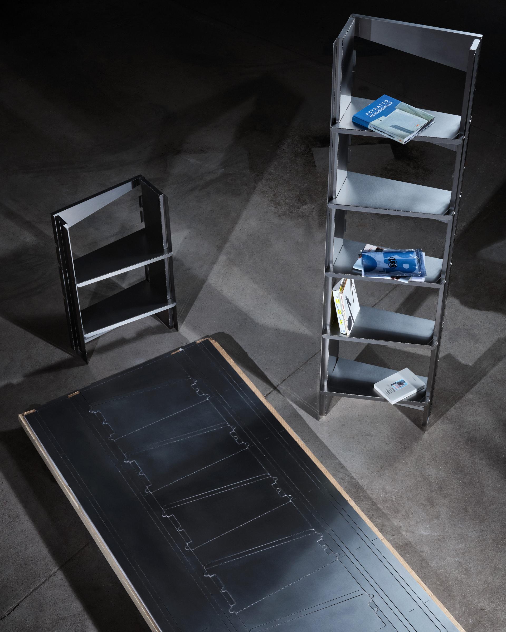 Contemporary product design showcase featuring minimalist shelving units and design prototypes at Milestones exhibition, Salone del Mobile.