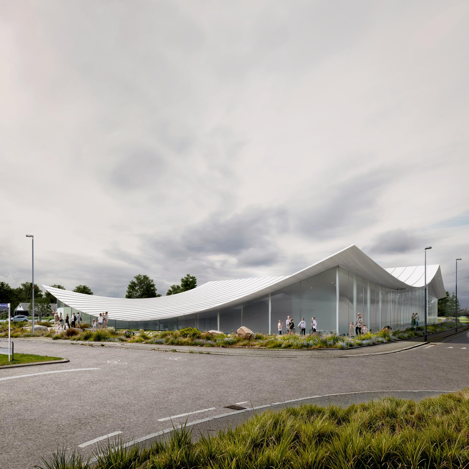 New Museum for Paper Art designed by Bjarke Ingels Group, featuring a wave-like exterior and landscaped surroundings.