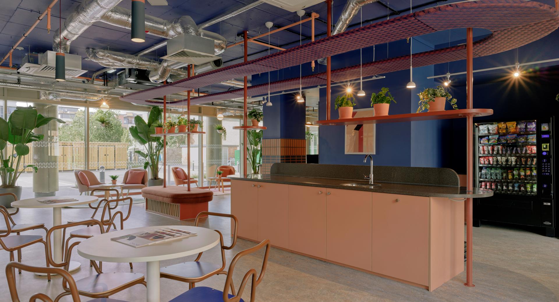 Modern communal kitchen space at Enso, featuring stylish seating, plants, and contemporary design elements in Colchester.