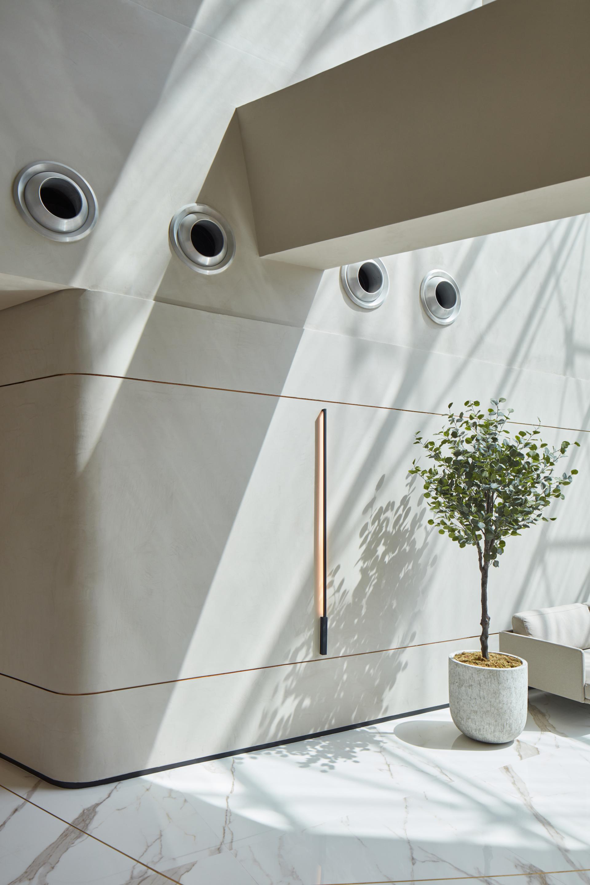 Modern office interior featuring sleek design elements, natural light, and a potted tree in Dubai Internet City.