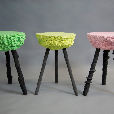 Vibrant, textured stools inspired by natural erosion, showcasing unique colors and process-led design by Gavin Stanley Keightley.