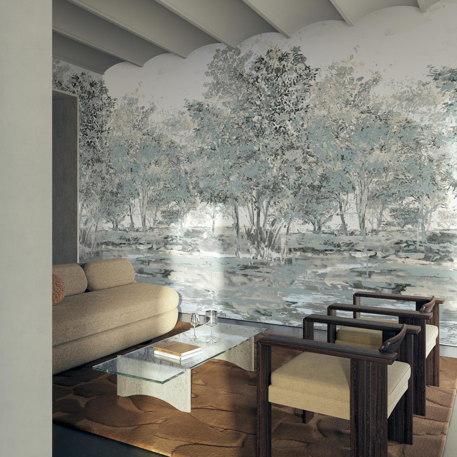 Elegant living room featuring Arte's autumnal wallcovering with a serene tree landscape, complemented by modern furniture and décor.