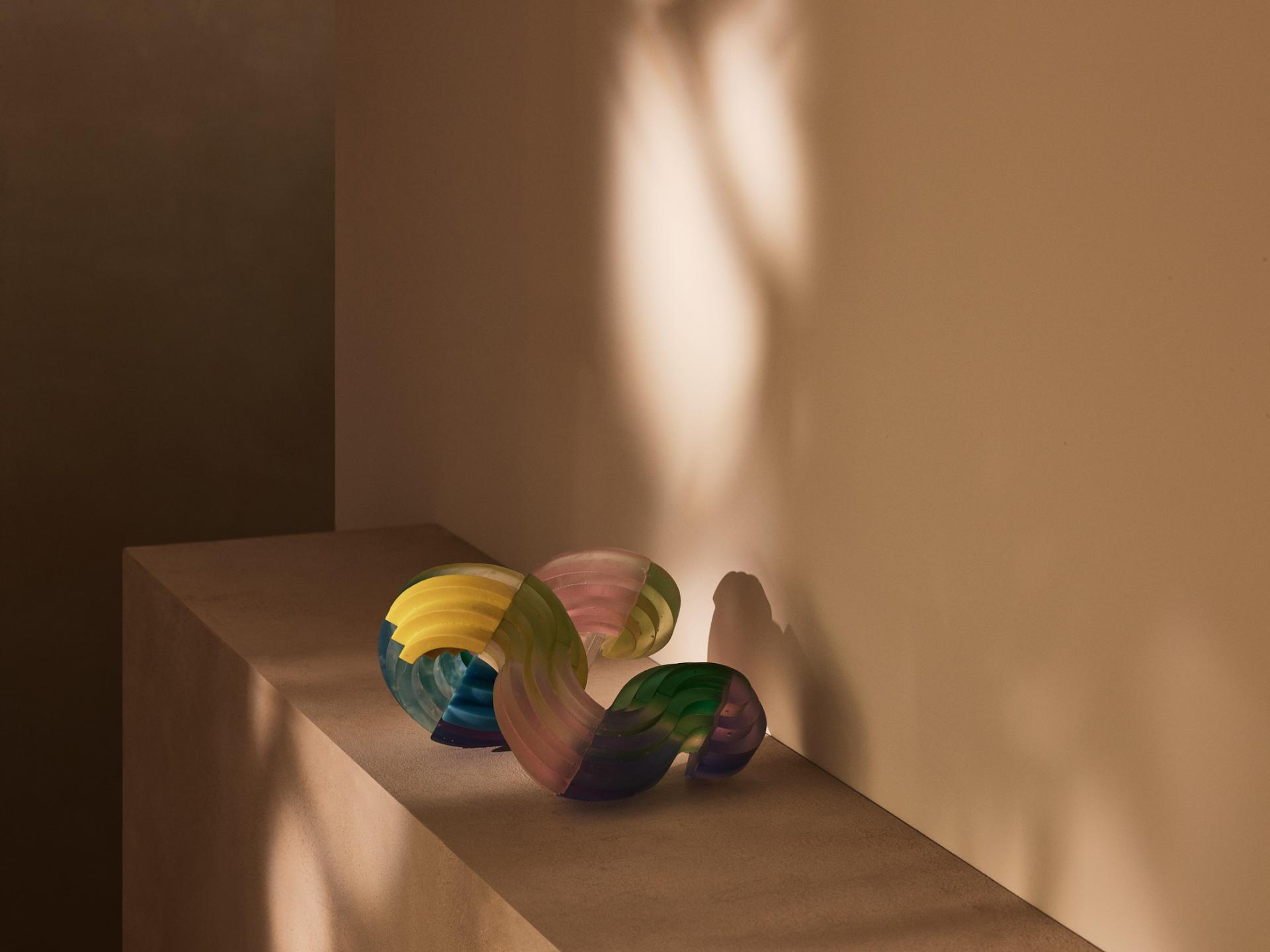 Colorful contemporary glass sculpture showcased at the Collect 2024 fair, celebrating 20 years of contemporary craft.