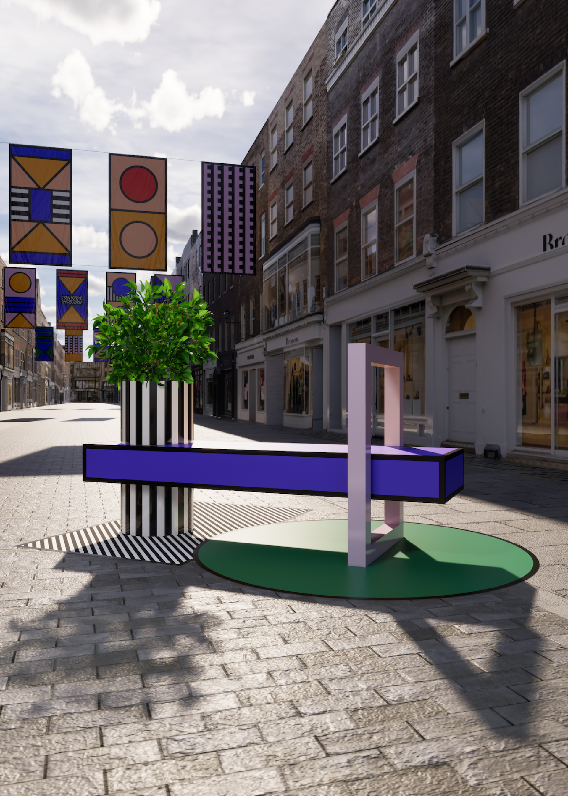 Colorful modern seating and planters decorate South Molton Street for the London Design Festival, creating an open-air living space.