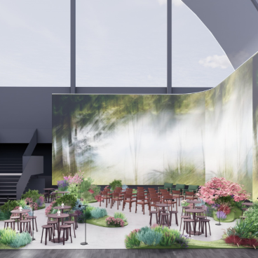 Creative workspace design featuring outdoor-themed seating surrounded by lush greenery and vibrant flowers.