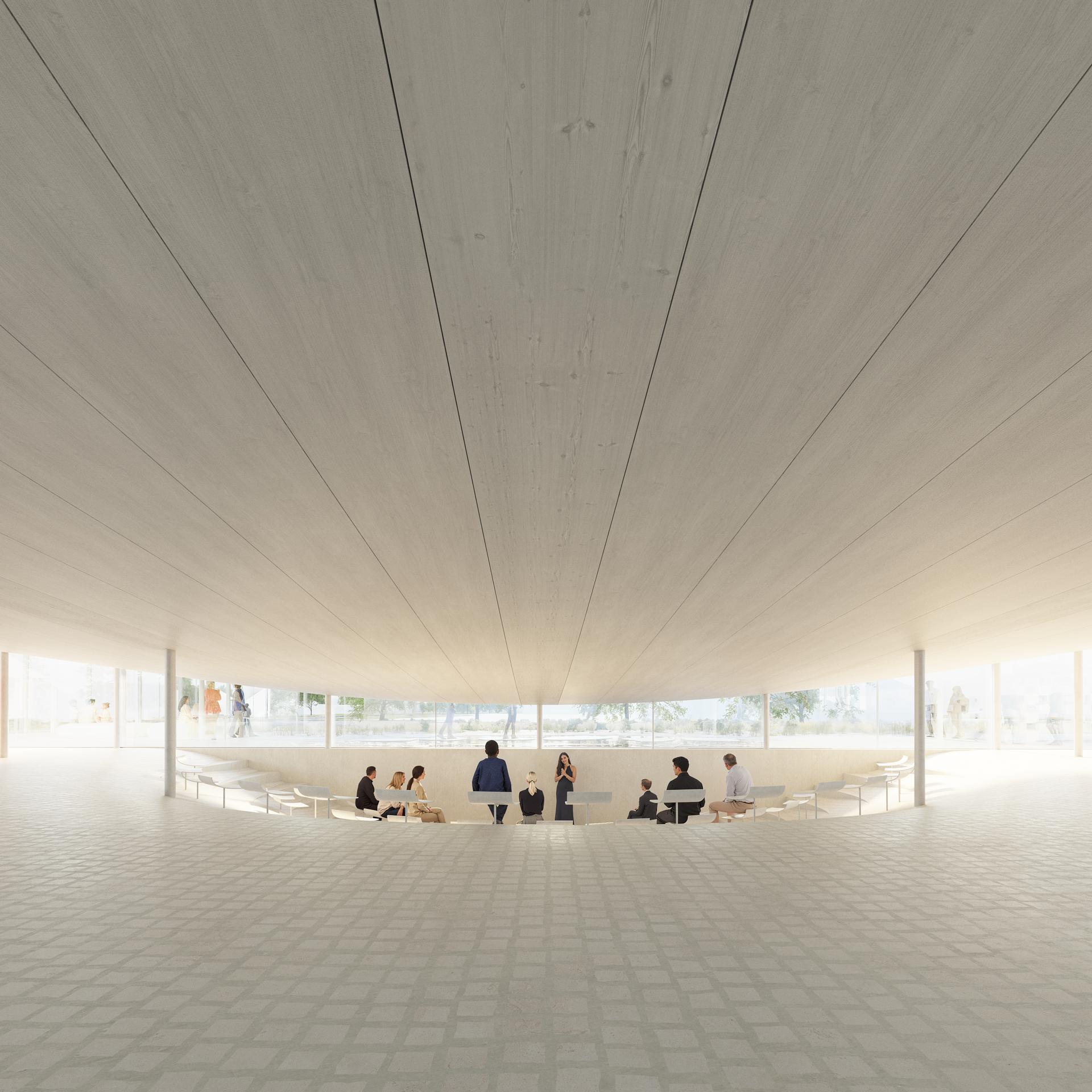 Interior view of the new Museum for Paper Art, showcasing a modern design and visitors engaging in conversation.