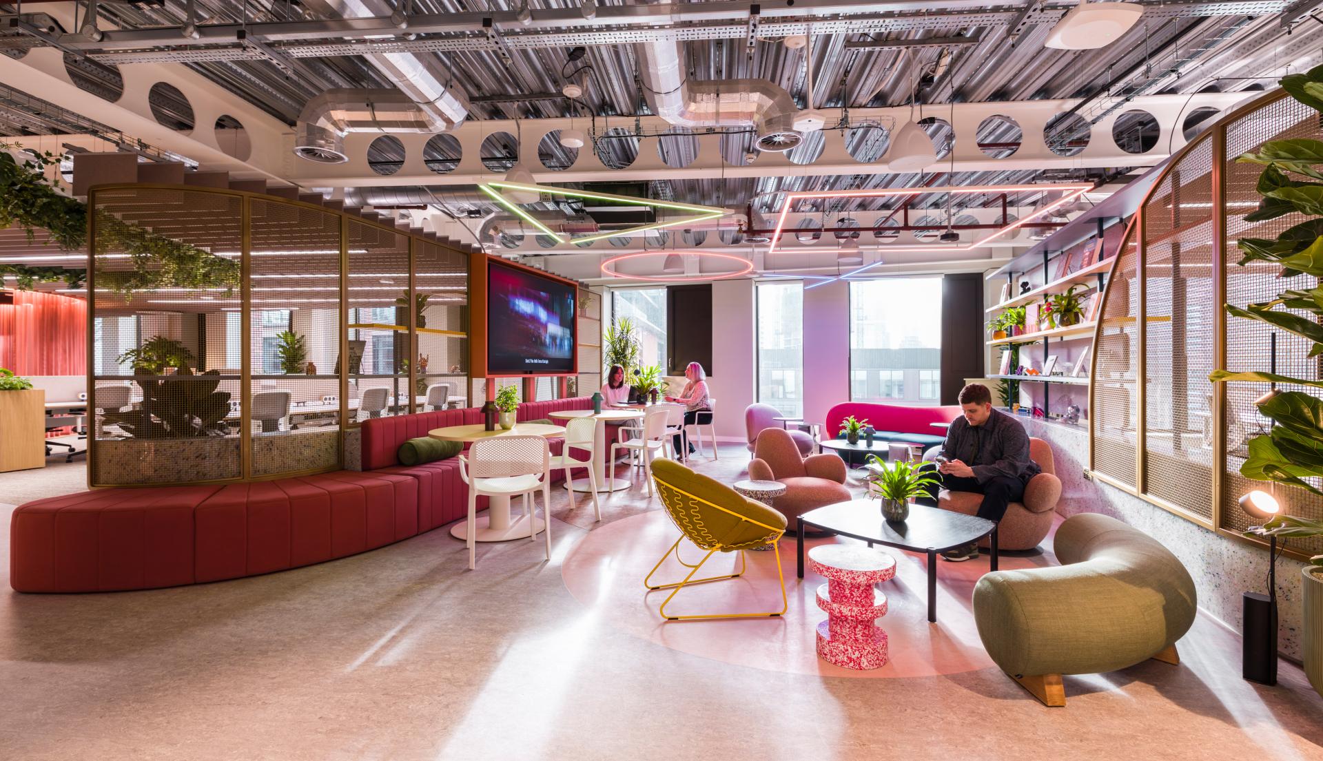 SpaceInvader's workplace scheme for Virgin Media O2 balances vibrancy with variety to support congregation and calm.