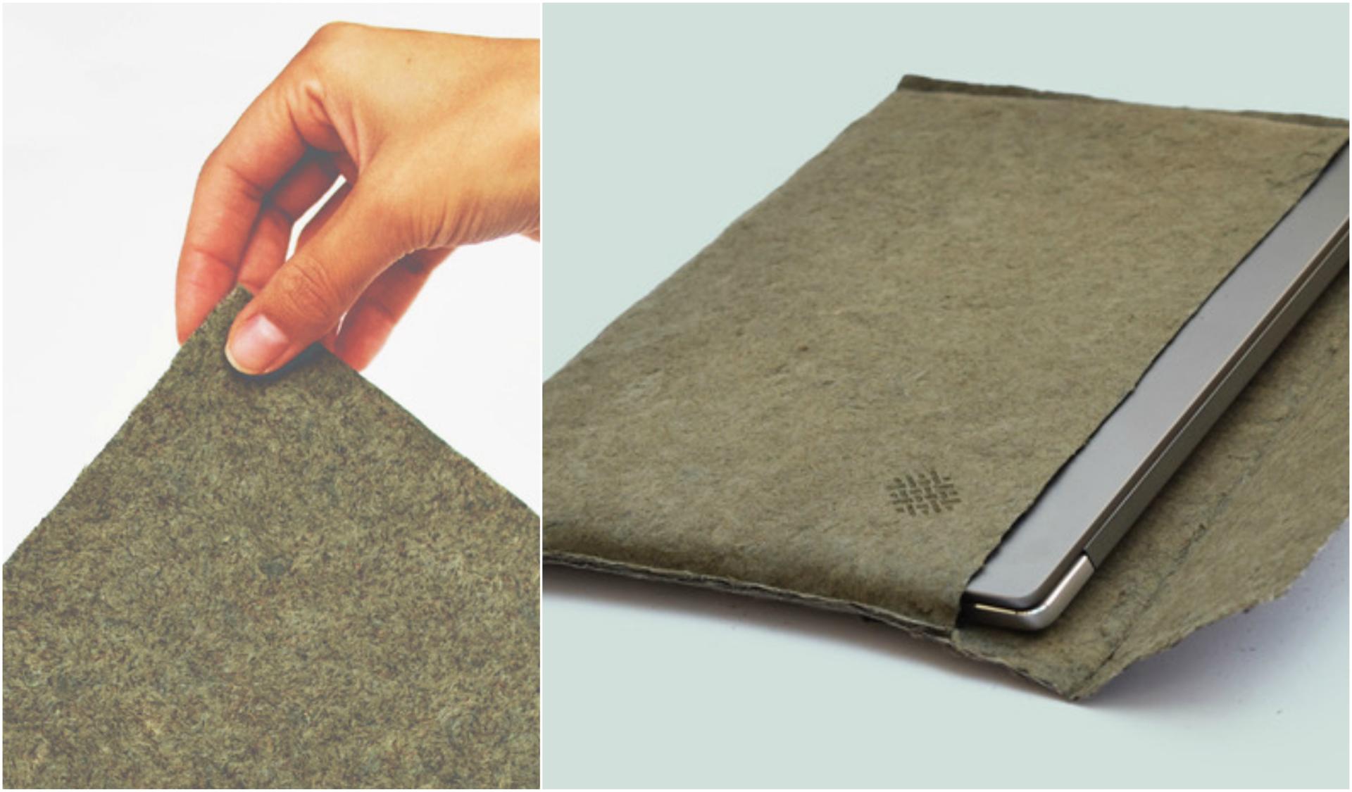 Eco-friendly biomaterial showcasing a felt-like texture, with a hand holding it and a laptop sleeve beside.
