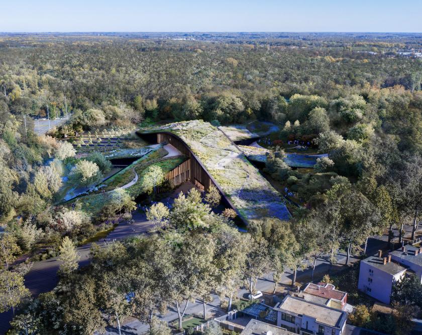 CGI of a building encased in grass covered in show