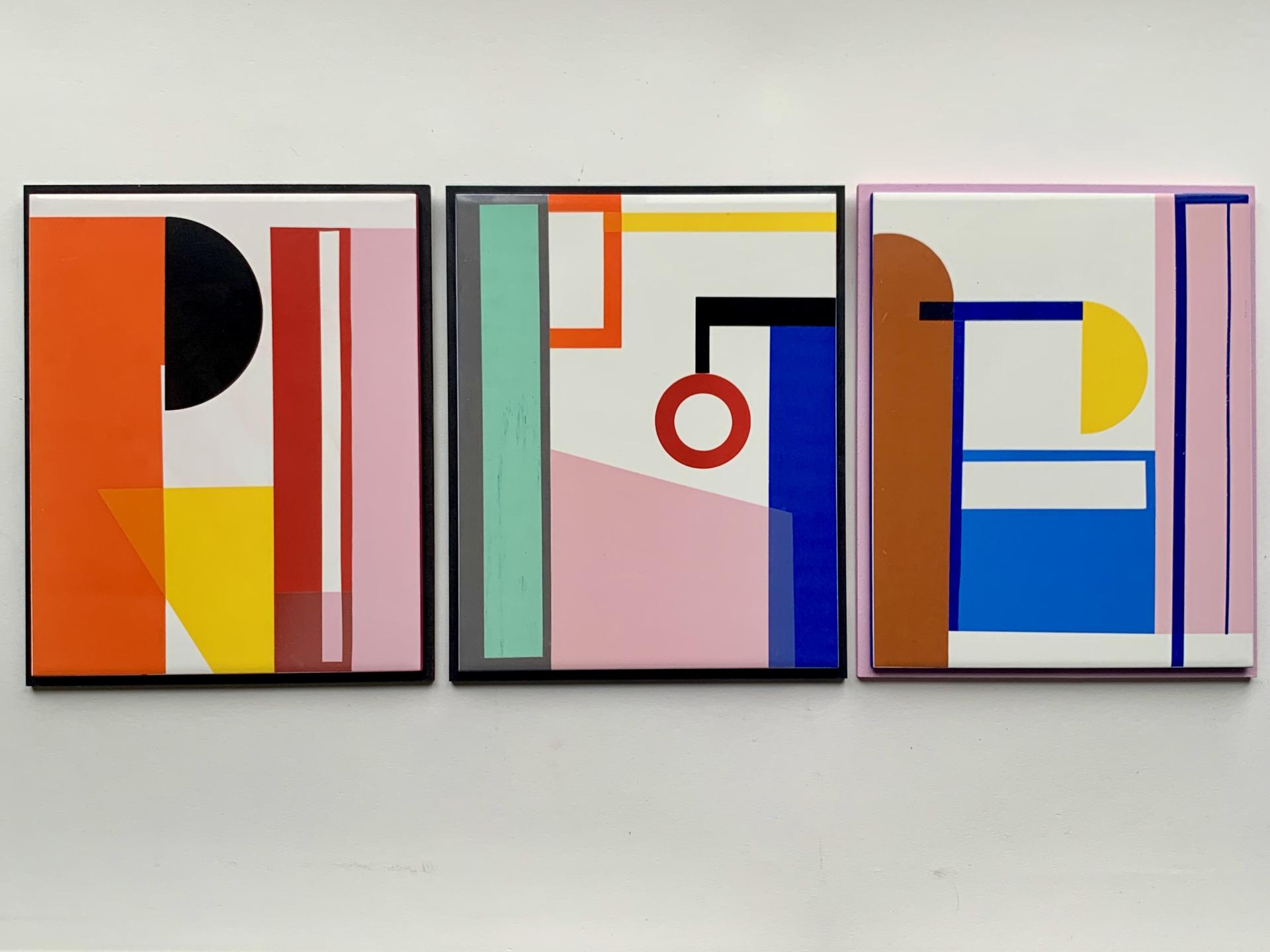 Brightly colored abstract ceramic artworks by Laura Lightbody, featuring geometric shapes and dynamic compositions.