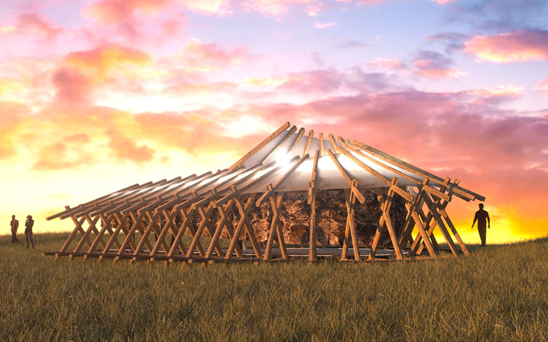 Hayes Pavilion at Glastonbury Festival, showcasing innovative fungi-based design against a vibrant sunset backdrop.